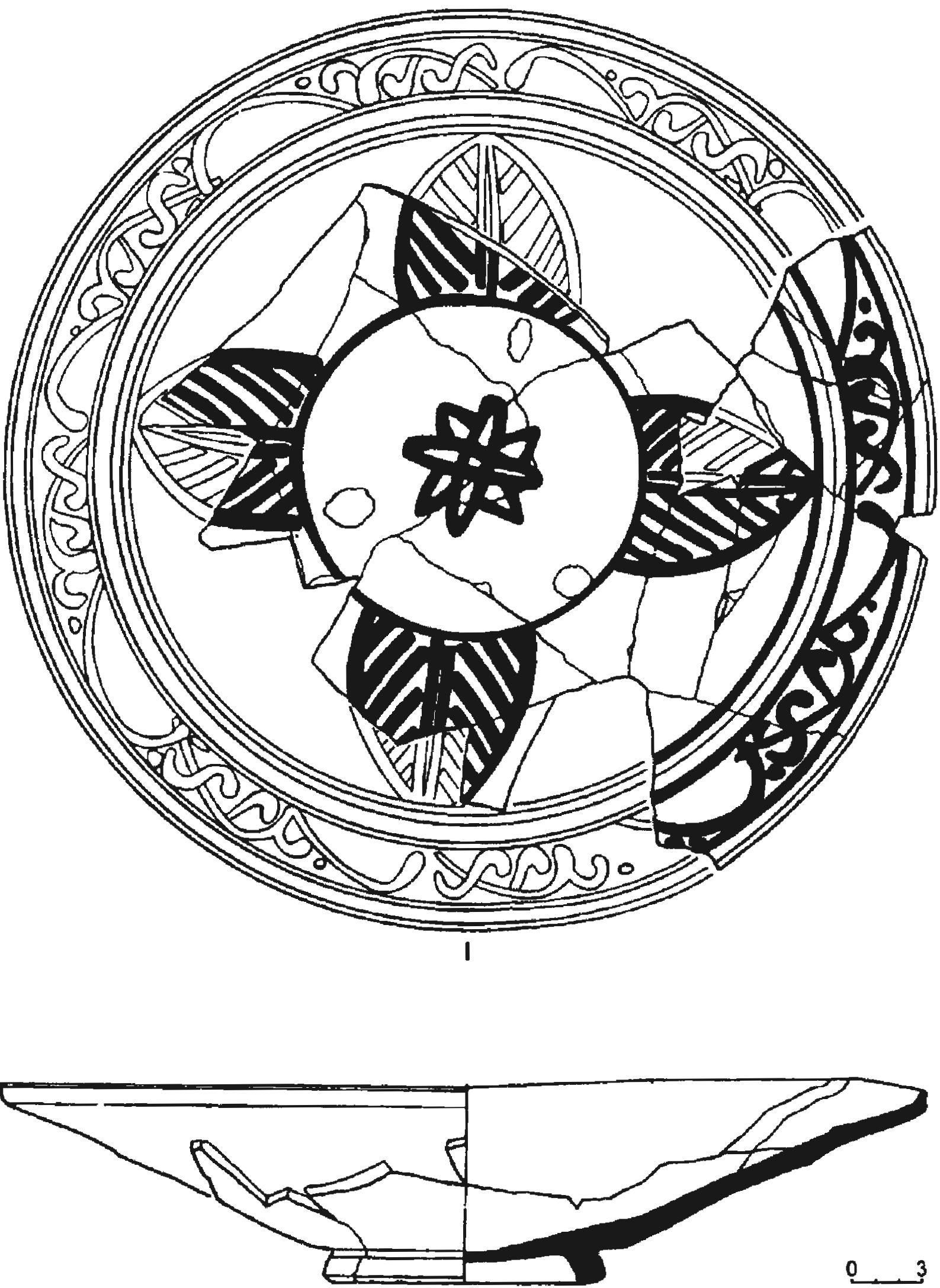 Рис. 339. Розовоглиняное блюдо с люстровым покрытием и кобальтовой росписью из слоя пожара 1475 г. в замке у селения Фуна Рис. 339. Розовоглиняное блюдо с люстровым покрытием и кобальтовой росписью из слоя пожара 1475 г. в замке у селения Фуна