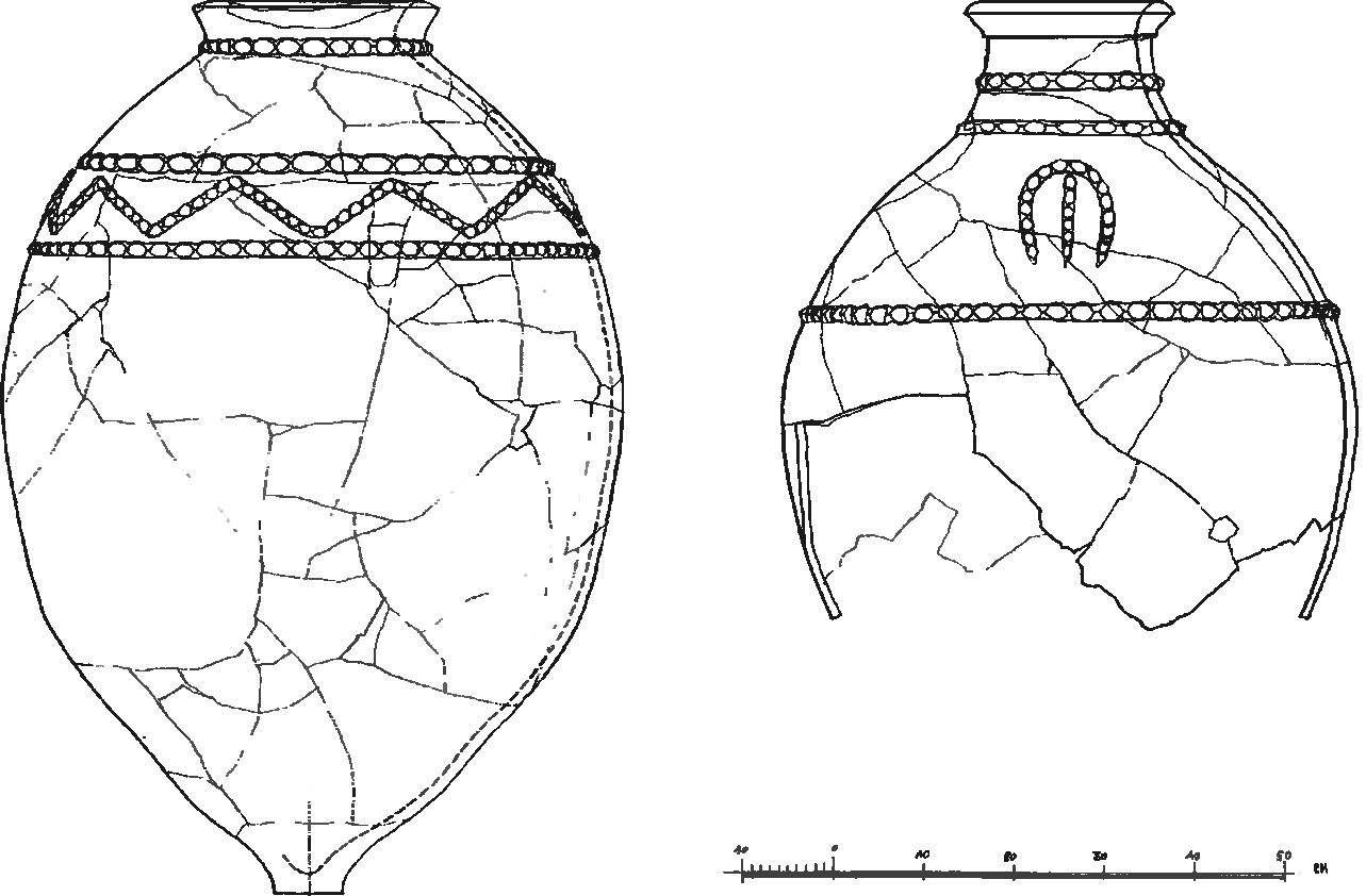 Рис. 341. Пифосы из слоя пожара 1475 г. в помещении XXXII замка у селения Фуна Рис. 341. Пифосы из слоя пожара 1475 г. в помещении XXXII замка у селения Фуна