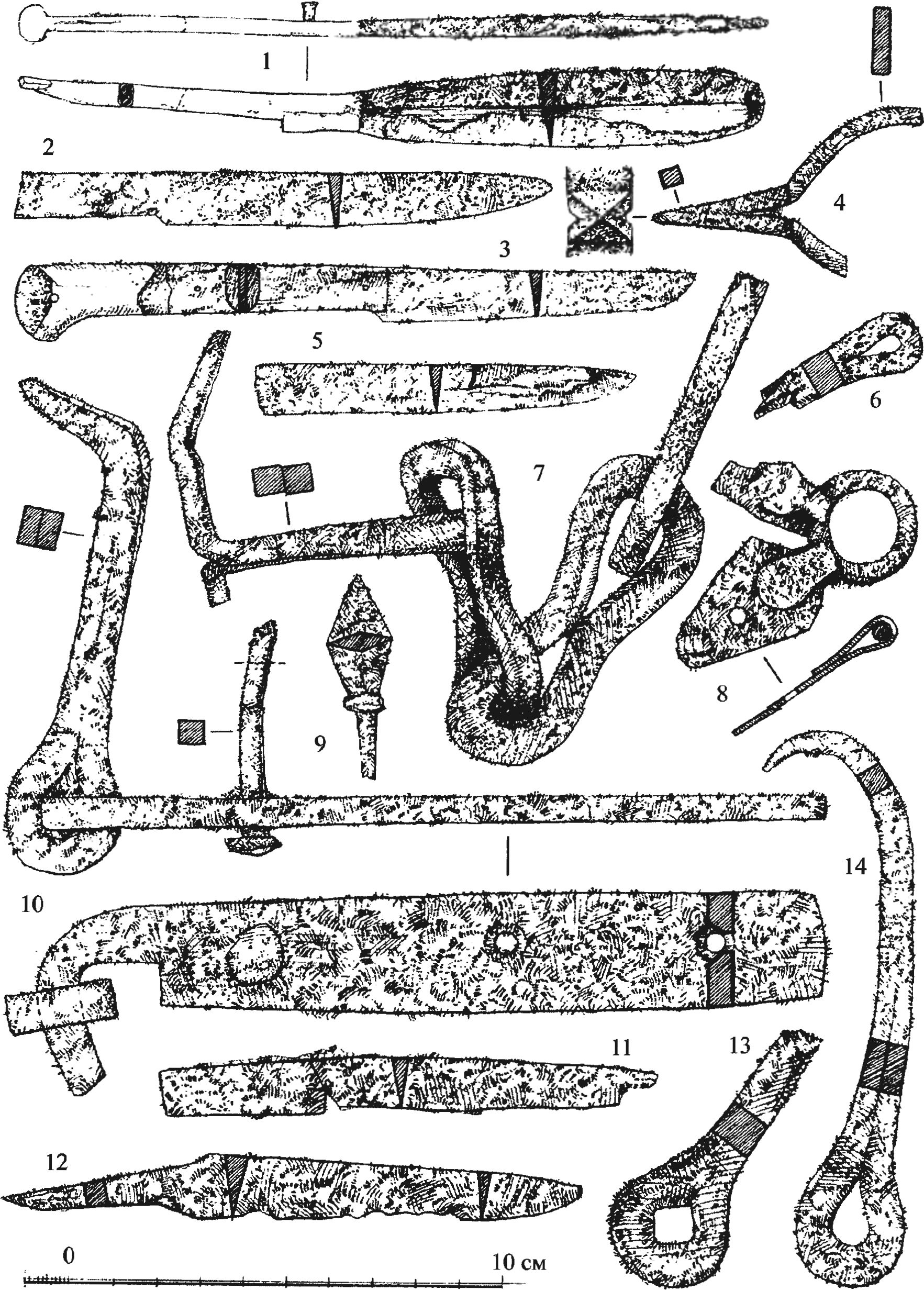 Рис. 343. Находки из железа в замке Фуна: 1, 2, 6, 12, 13 — двор № 2; нивелировочная подсыпка; 3—5, 7, 8, 10—14 — двор № 1, слой пожара 1475 г.; 11 — двор № 1, подсыпка; 9 — помещение XXXIII, заполнение выгребной ямы Рис. 343. Находки из железа в замке Фуна: 1, 2, 6, 12, 13 — двор № 2; нивелировочная подсыпка; 3—5, 7, 8, 10—14 — двор № 1, слой пожара 1475 г.; 11 — двор № 1, подсыпка; 9 — помещение XXXIII, заполнение выгребной ямы