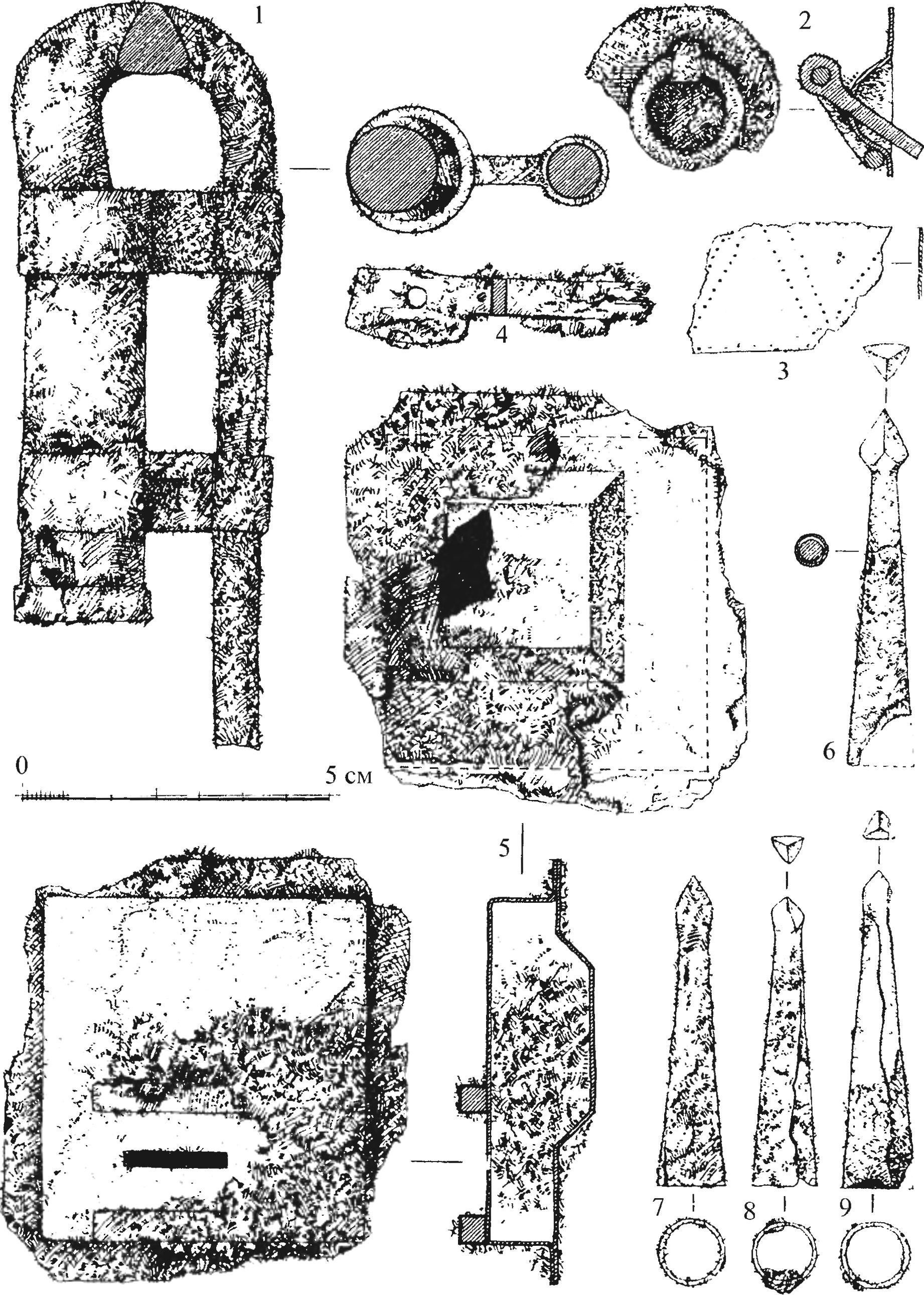 Рис. 344. Изделия из железа и меди, найденные в замке Фуна: 1 — помещение XXXIII, слой пожара 1475 г.; 2—9 — помещение X, яма № 7, заполнение ямы Рис. 344. Изделия из железа и меди, найденные в замке Фуна: 1 — помещение XXXIII, слой пожара 1475 г.; 2—9 — помещение X, яма № 7, заполнение ямы