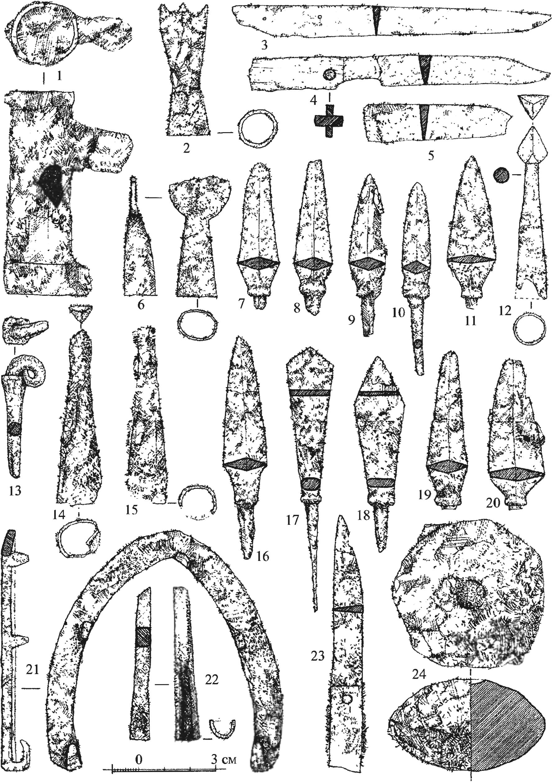 Рис. 345. Находки из железа в замке у селения Фуна: 1, 3—6, 7, 10, 13, 21 — из слоя подсыпки во дворе № 2; 14 — пом. XXXII, слой пожара 1475 г.; 20 — раскоп № 3, слой завала; 9, 16, 18, 22, 23, 24 — слой подсыпки во дворе № 1; 2, 20 — слой пожара во дворе № 2; 15, 17, 19 — слой пожара во дворе № 1 Рис. 345. Находки из железа в замке у селения Фуна: 1, 3—6, 7, 10, 13, 21 — из слоя подсыпки во дворе № 2; 14 — пом. XXXII, слой пожара 1475 г.; 20 — раскоп № 3, слой завала; 9, 16, 18, 22, 23, 24 — слой подсыпки во дворе № 1; 2, 20 — слой пожара во дворе № 2; 15, 17, 19 — слой пожара во дворе № 1