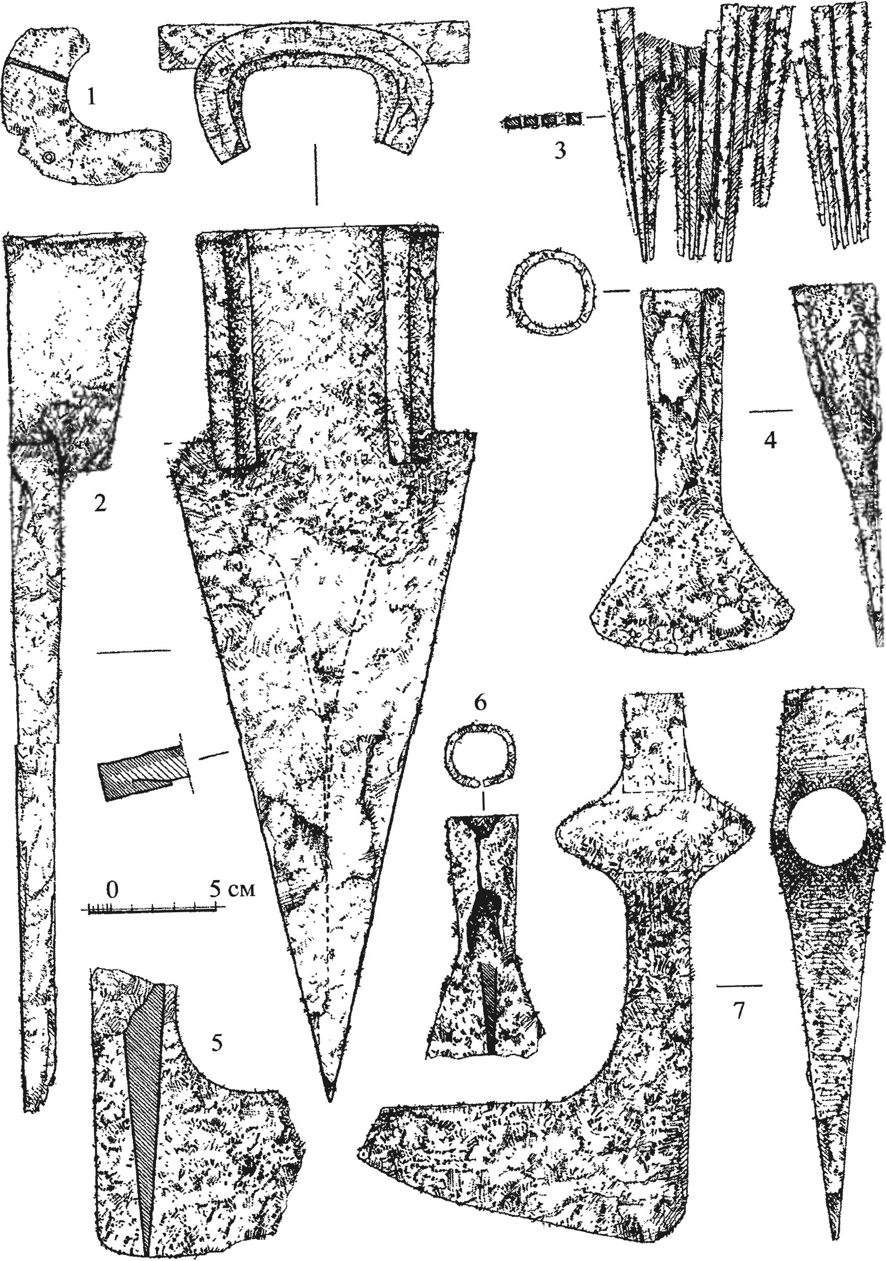 Рис. 346. Находки орудий труда из раскопок замка Фуна: 1, 2 , 4, 5 — из пожара во дворе № 1; 3, 6 — из слоя пожара в помещении XXVI; 7 — из слоя пожара в помещении XXIX Рис. 346. Находки орудий труда из раскопок замка Фуна: 1, 2 , 4, 5 — из пожара во дворе № 1; 3, 6 — из слоя пожара в помещении XXVI; 7 — из слоя пожара в помещении XXIX