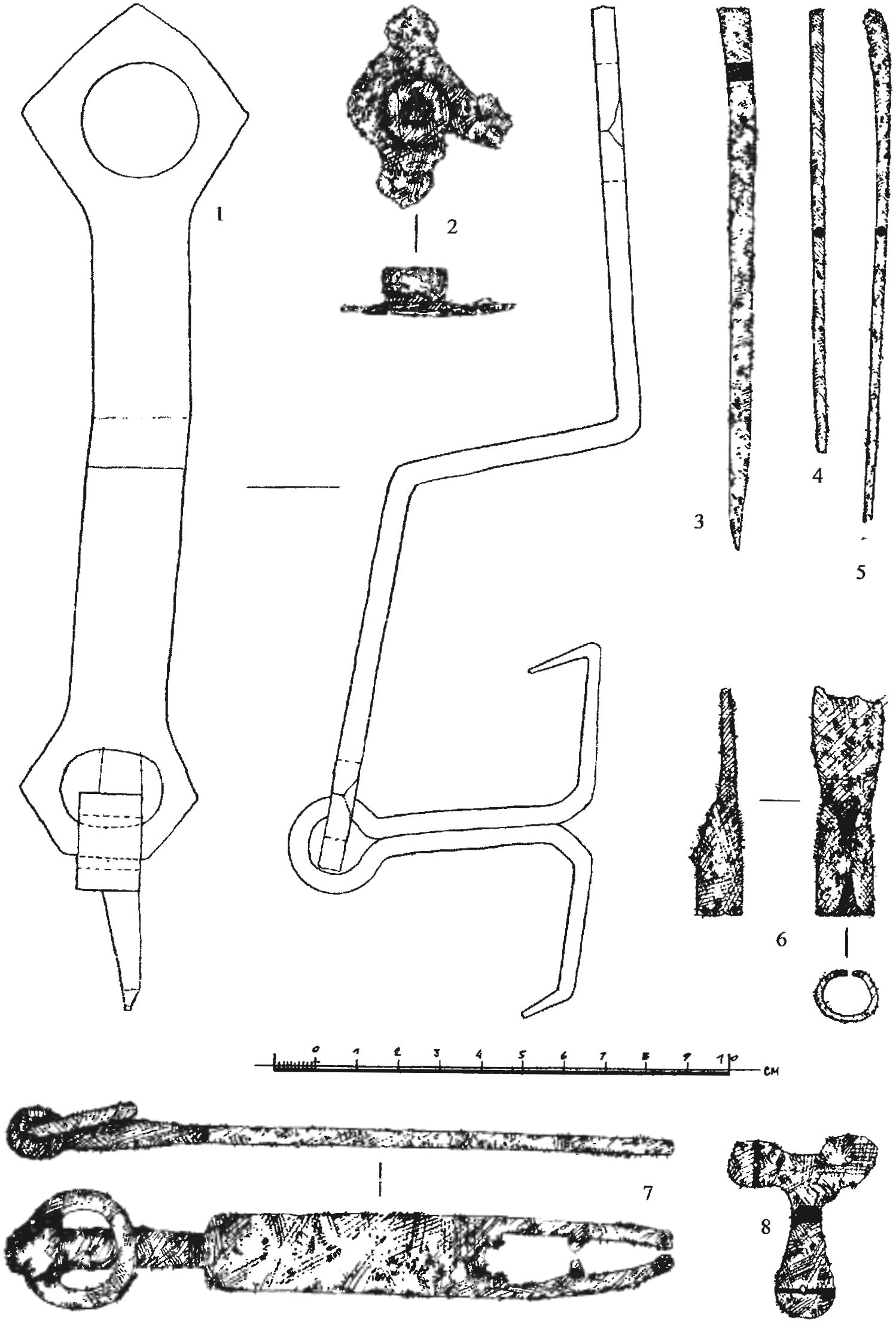Рис. 347. Железные предметы из раскопок замка Фуна: 1 — из слоя пожара 1475 г. во дворе № 2; 2 — из слоя подсыпки во дворе № 1; 3—7 — из слоя подсыпки во дворе № 2 Рис. 347. Железные предметы из раскопок замка Фуна: 1 — из слоя пожара 1475 г. во дворе № 2; 2 — из слоя подсыпки во дворе № 1; 3—7 — из слоя подсыпки во дворе № 2