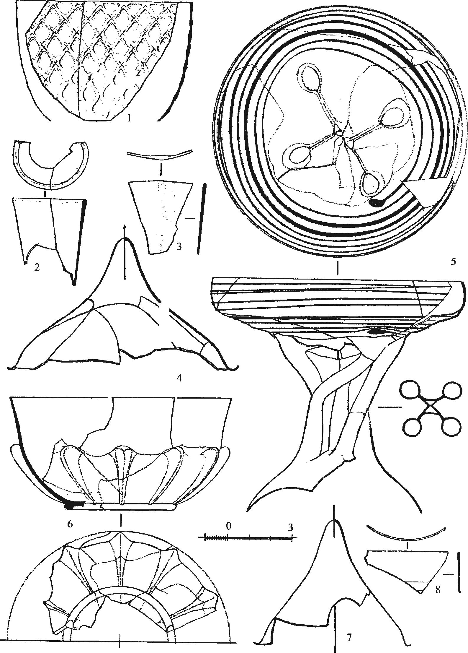 Рис. 348. Находки из стекла: 1, 5—7 — помещение XXXIII, заполнение выгребной ямы; 2—4, 8 — двор № 1, слой пожара 1475 г. Рис. 348. Находки из стекла: 1, 5—7 — помещение XXXIII, заполнение выгребной ямы; 2—4, 8 — двор № 1, слой пожара 1475 г.