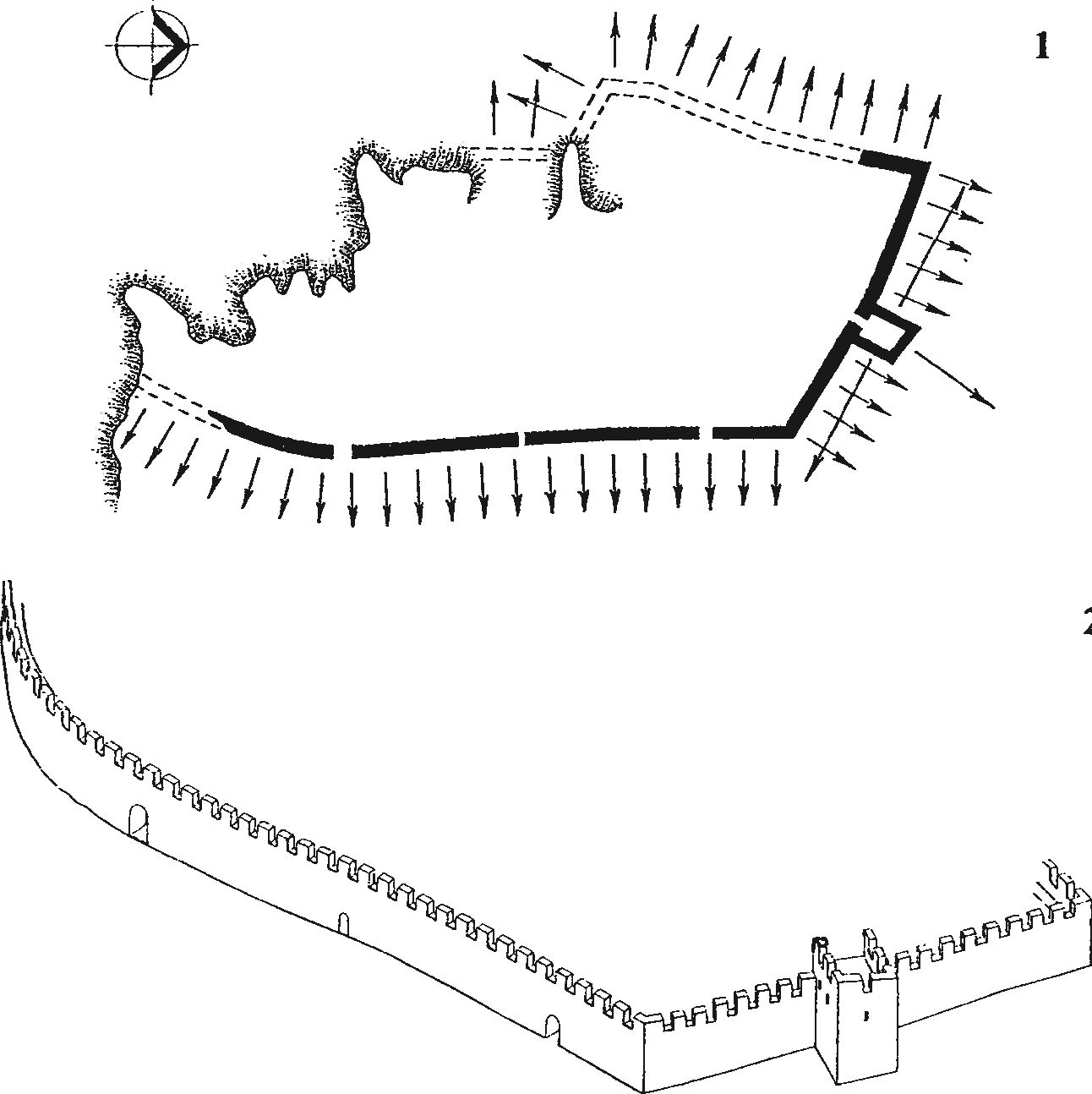 Рис. 38. Оборонительные сооружения крепости Фуна 1422/23 гг. Вид с северо-востока (реконструкция В.П. Кирилко) Рис. 38. Оборонительные сооружения крепости Фуна 1422/23 гг. Вид с северо-востока (реконструкция В.П. Кирилко)