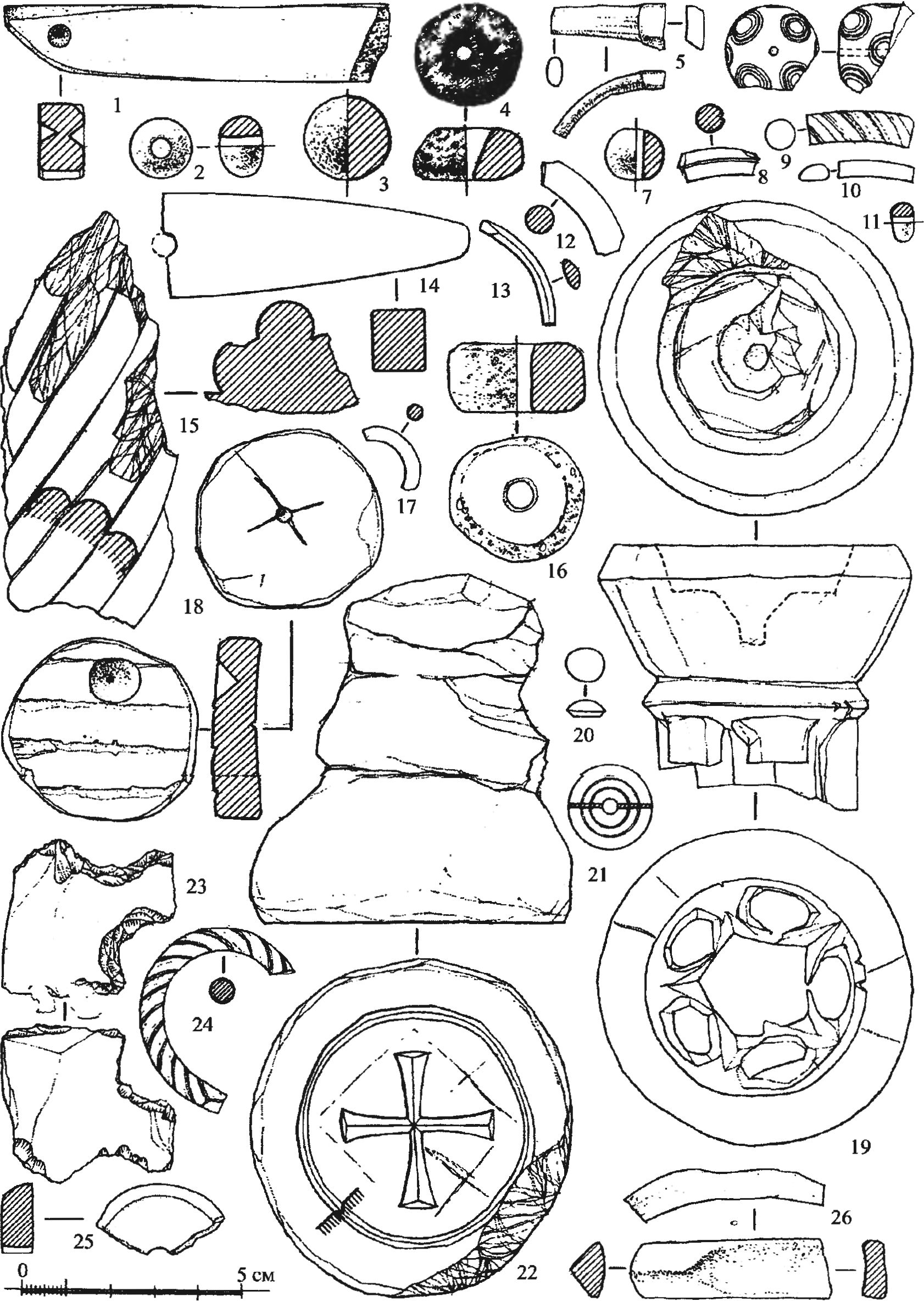 Рис. 350. Изделия из камня, стекла, керамики, кости: 1, 2, 4 — из слоя подсыпки во дворе № 2; 3, 5, 7 — из слоя пожара во дворе № 2; 6 — из ямы № 1; 9, 10 — из слоя пожара в пом. V; 14 — из слоя пожара в пом. XXXII; 11—13, 8 — из нивелировочной подсыпки в пом. VI; 16 — из слоя разрушения в пом. XXXI; 17 — из ямы № 7; 22 — из заполнения между кладками 66 и 67 (в пожаре); 26 — из подсыпки в пом. XXXIV; 20 — из подсыпки во дворе № 1; 15, 18, 21 — из слоя пожара во дворе № 1; 24 — из завала в пом. XXIX; 25 — случайная находка Рис. 350. Изделия из камня, стекла, керамики, кости: 1, 2, 4 — из слоя подсыпки во дворе № 2; 3, 5, 7 — из слоя пожара во дворе № 2; 6 — из ямы № 1; 9, 10 — из слоя пожара в пом. V; 14 — из слоя пожара в пом. XXXII; 11—13, 8 — из нивелировочной подсыпки в пом. VI; 16 — из слоя разрушения в пом. XXXI; 17 — из ямы № 7; 22 — из заполнения между кладками 66 и 67 (в пожаре); 26 — из подсыпки в пом. XXXIV; 20 — из подсыпки во дворе № 1; 15, 18, 21 — из слоя пожара во дворе № 1; 24 — из завала в пом. XXIX; 25 — случайная находка