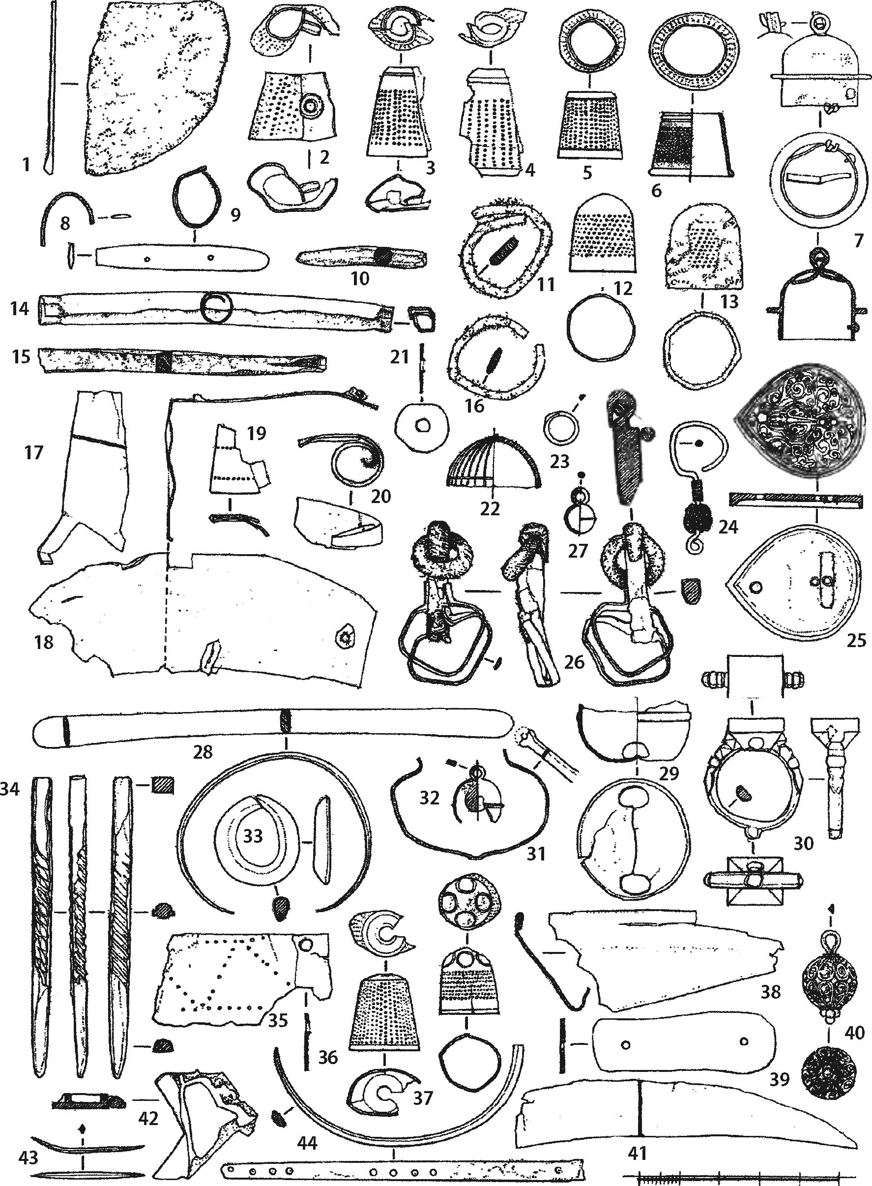 Рис. 351. Изделия из цветных металлов: 1, 3, 4, 9, 10, 14, 15 — из слоя нивелировочной подсыпки во дворе № 1; 13, 25, 32, 34 — из слоя пожара во дворе № 1; 16 — из ямы № 1; 31 — из слоя подсыпки пола пом. X; 33, 36 — из заполнения пифосной ямы в пом. XXX; 27, 44 — из ямы № 11; 12, 42 — из слоя пожара в пом. XXXII; 24, 38 — из нивелирующей подсыпки пом. XXX; 17—20, 39, 41 — из слоя пожара в пом. XXVIII; 28 — из слоя пожара в пом. V; 23, 29, 30 — из слоя пожара в пом. XXIX; 35, 37, 43 — из ямы № 7; 40 — из слоя завала в раскопе № 3 Рис. 351. Изделия из цветных металлов: 1, 3, 4, 9, 10, 14, 15 — из слоя нивелировочной подсыпки во дворе № 1; 13, 25, 32, 34 — из слоя пожара во дворе № 1; 16 — из ямы № 1; 31 — из слоя подсыпки пола пом. X; 33, 36 — из заполнения пифосной ямы в пом. XXX; 27, 44 — из ямы № 11; 12, 42 — из слоя пожара в пом. XXXII; 24, 38 — из нивелирующей подсыпки пом. XXX; 17—20, 39, 41 — из слоя пожара в пом. XXVIII; 28 — из слоя пожара в пом. V; 23, 29, 30 — из слоя пожара в пом. XXIX; 35, 37, 43 — из ямы № 7; 40 — из слоя завала в раскопе № 3