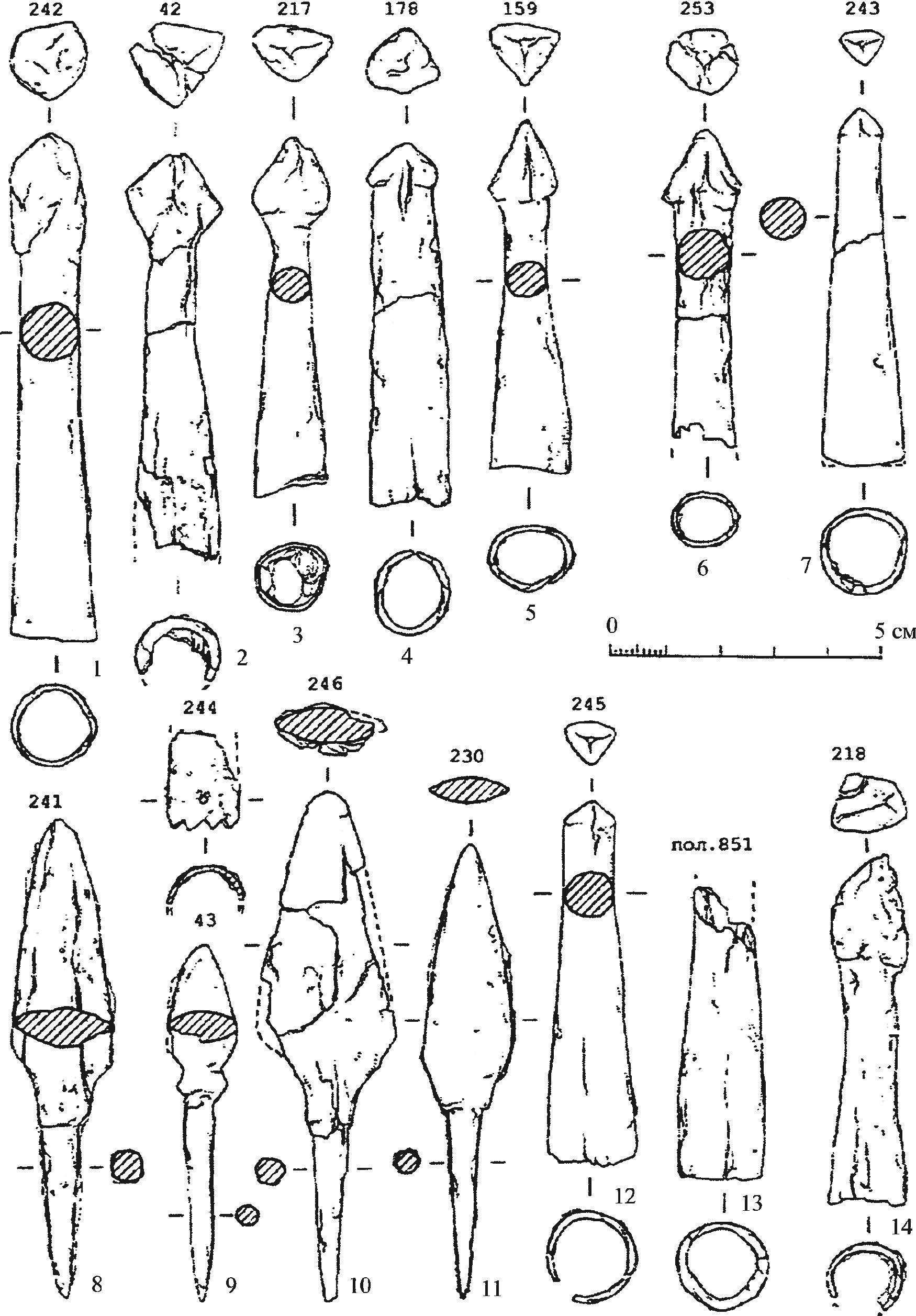 Рис. 360. Арбалетные болты (1—7, 12—14) и наконечники стрел из перемещенного слоя пожара 1475 г. в засып и валганга барбакана Рис. 360. Арбалетные болты (1—7, 12—14) и наконечники стрел из перемещенного слоя пожара 1475 г. в засып и валганга барбакана