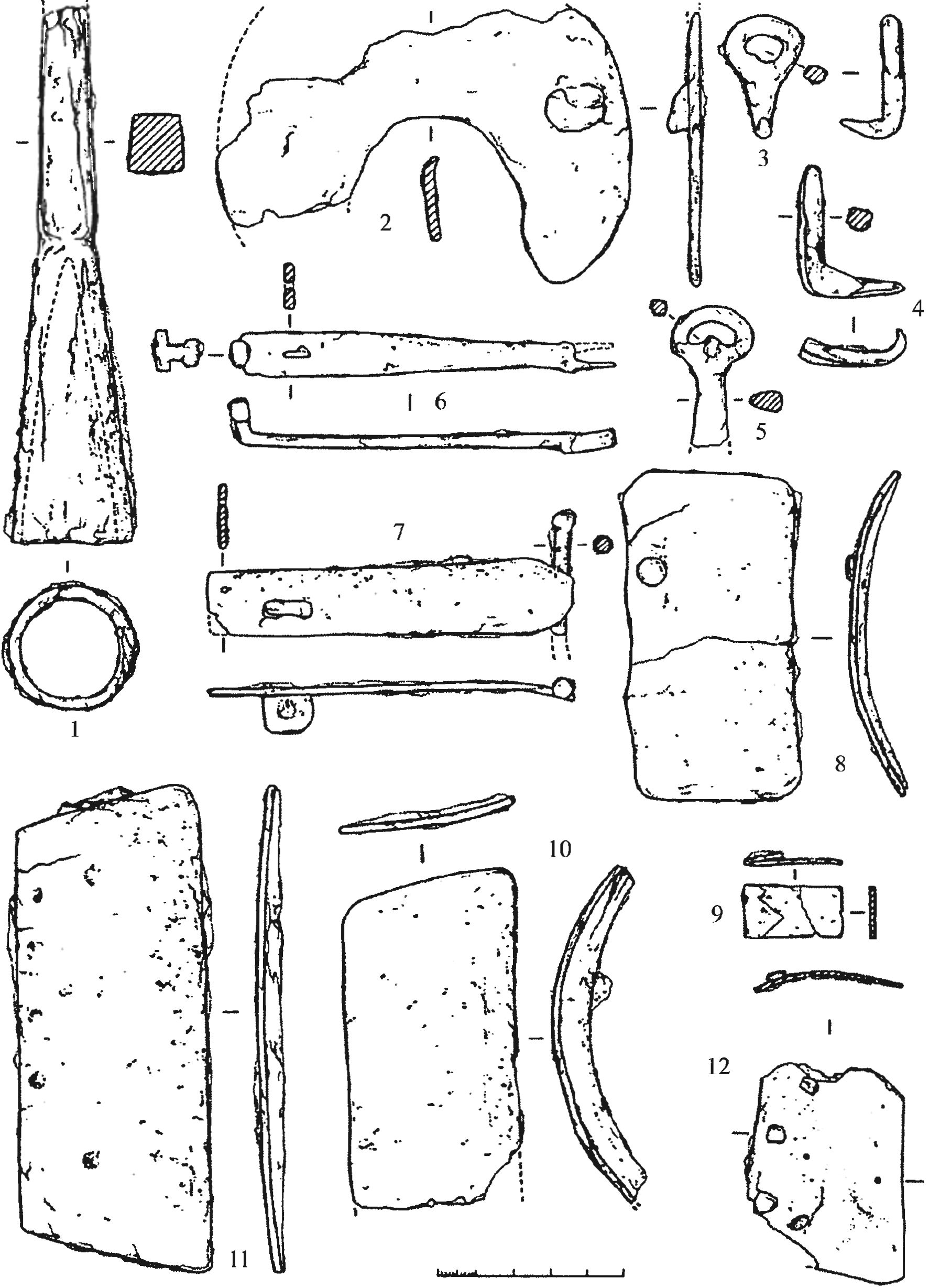 Рис. 361. Железные изделия второй половины XV в. из засыпи валганга: пластины доспехов, наконечник дротика, подкова, ключ Рис. 361. Железные изделия второй половины XV в. из засыпи валганга: пластины доспехов, наконечник дротика, подкова, ключ