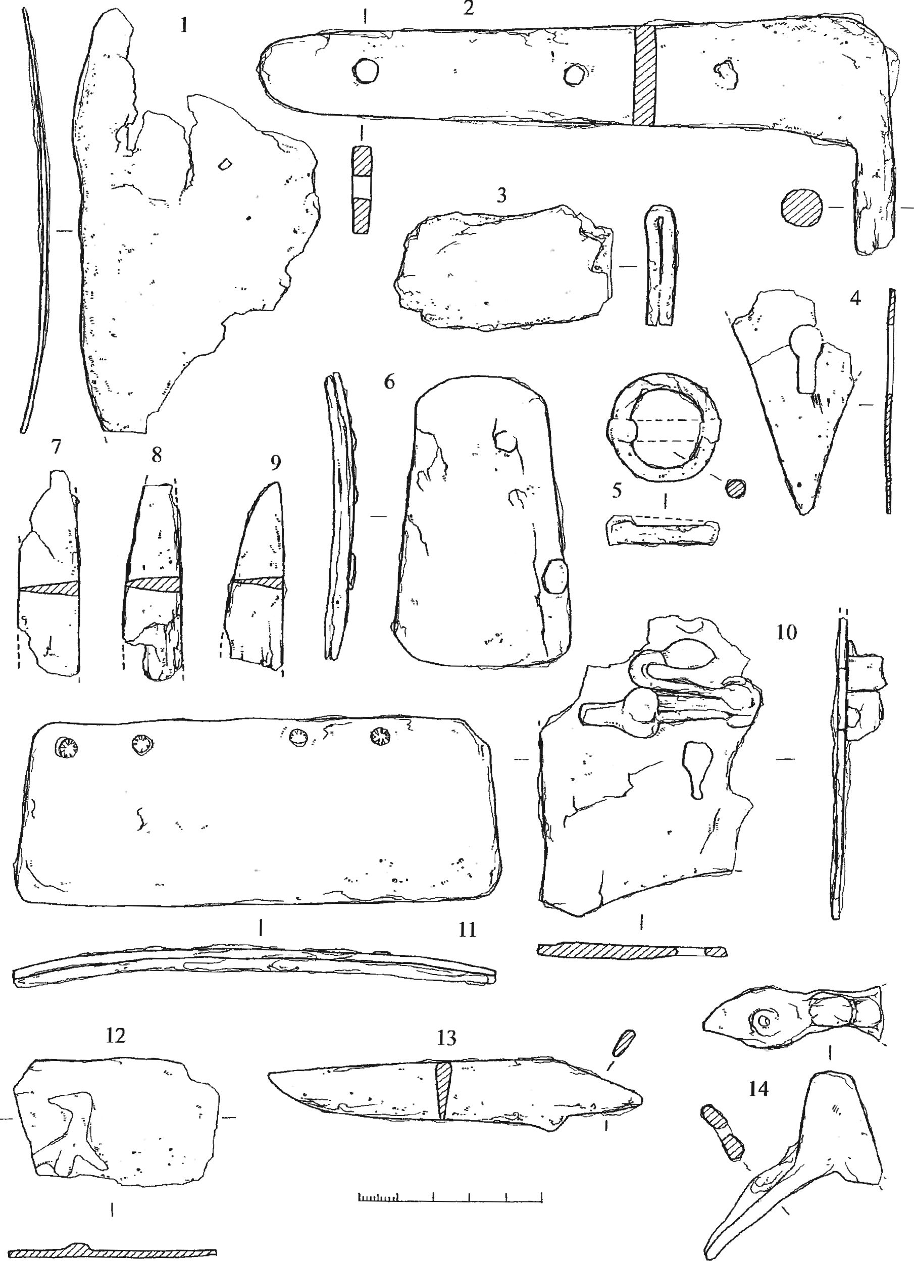 Рис. 362. Железные изделия из засыпи валганга: пластины доспехов, детали замков фрагменты ножей, пряжка, навес Рис. 362. Железные изделия из засыпи валганга: пластины доспехов, детали замков фрагменты ножей, пряжка, навес