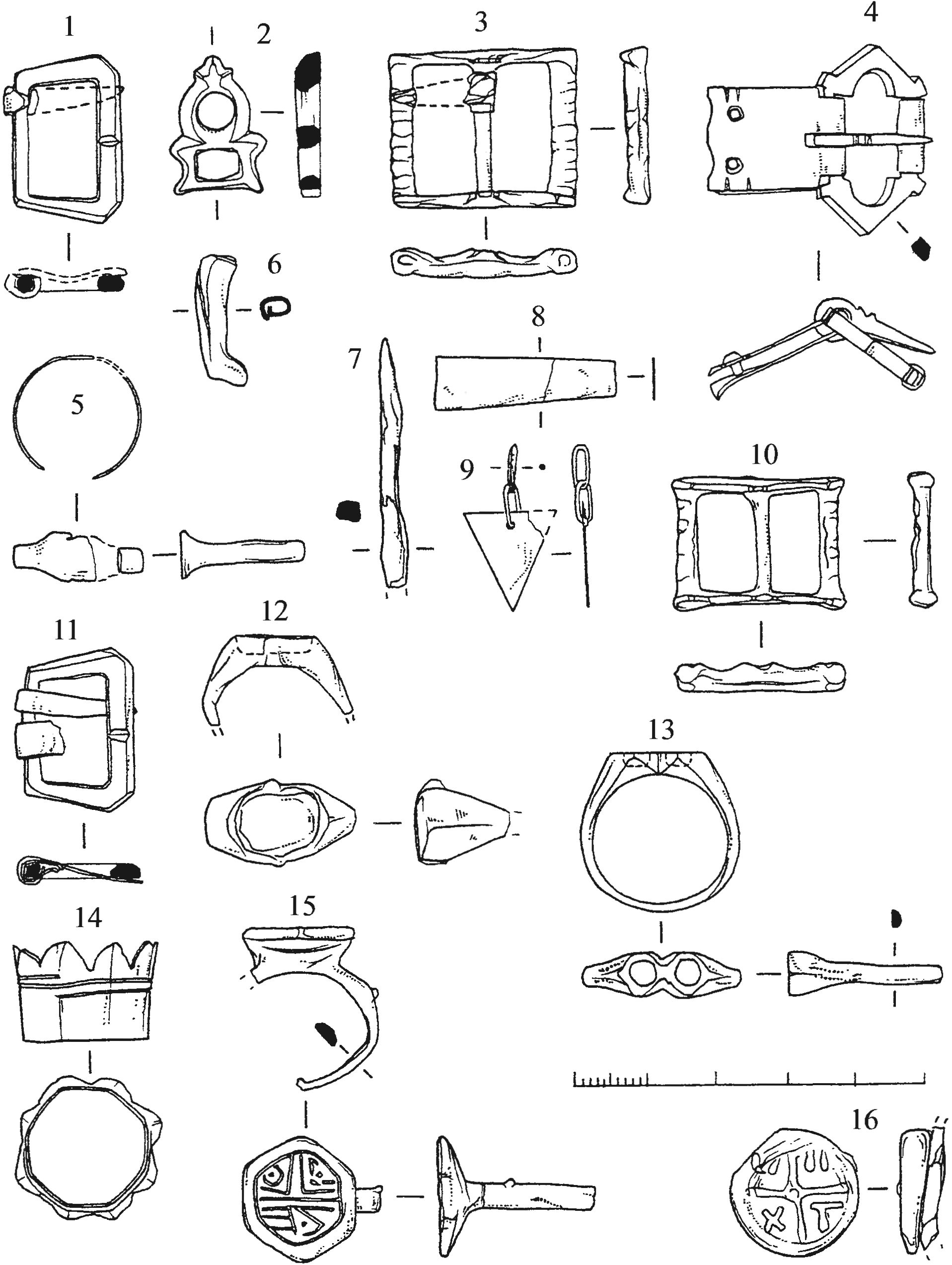 Рис. 363. Изделия из цветных металлов и налеп стеклянного сосуда из слоя со следами пожара в насыпи валганга Рис. 363. Изделия из цветных металлов и налеп стеклянного сосуда из слоя со следами пожара в насыпи валганга