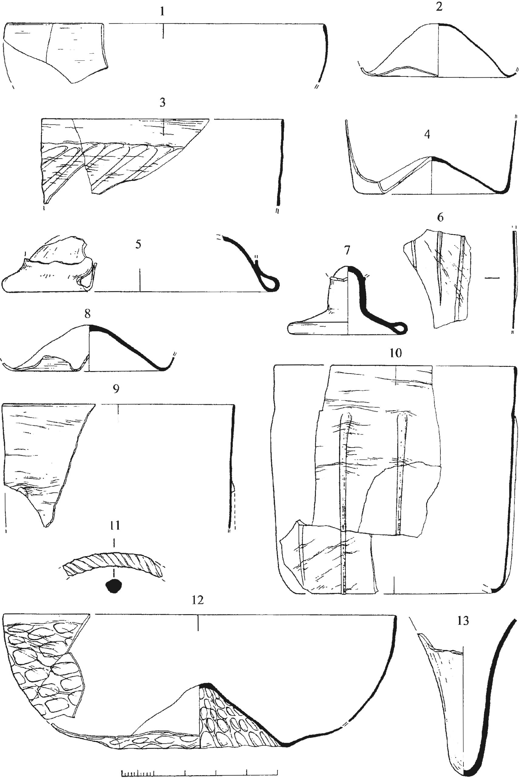 Рис. 365. Фрагменты стеклянных сосудов и браслета из слоя со следами пожара в насыпи валганга Рис. 365. Фрагменты стеклянных сосудов и браслета из слоя со следами пожара в насыпи валганга