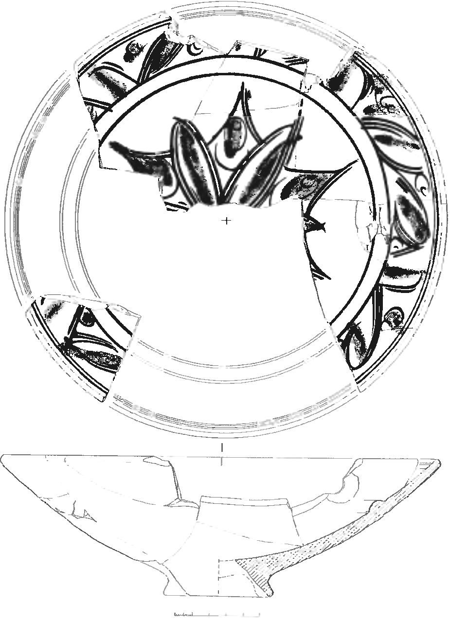 Рис. 367. Фрагменты красноглиняного поливного блюда третьей четверти XV в. из слоя засыпи валганга Рис. 367. Фрагменты красноглиняного поливного блюда третьей четверти XV в. из слоя засыпи валганга