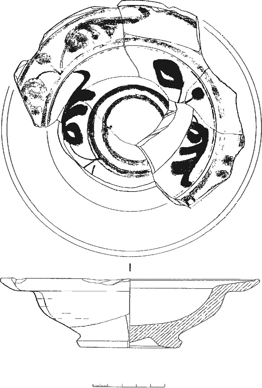 Рис. 369. Светлоглиняная поливная чаша второй половины XV в. из слоя со следами пожара в насыпи валганга Рис. 369. Светлоглиняная поливная чаша второй половины XV в. из слоя со следами пожара в насыпи валганга
