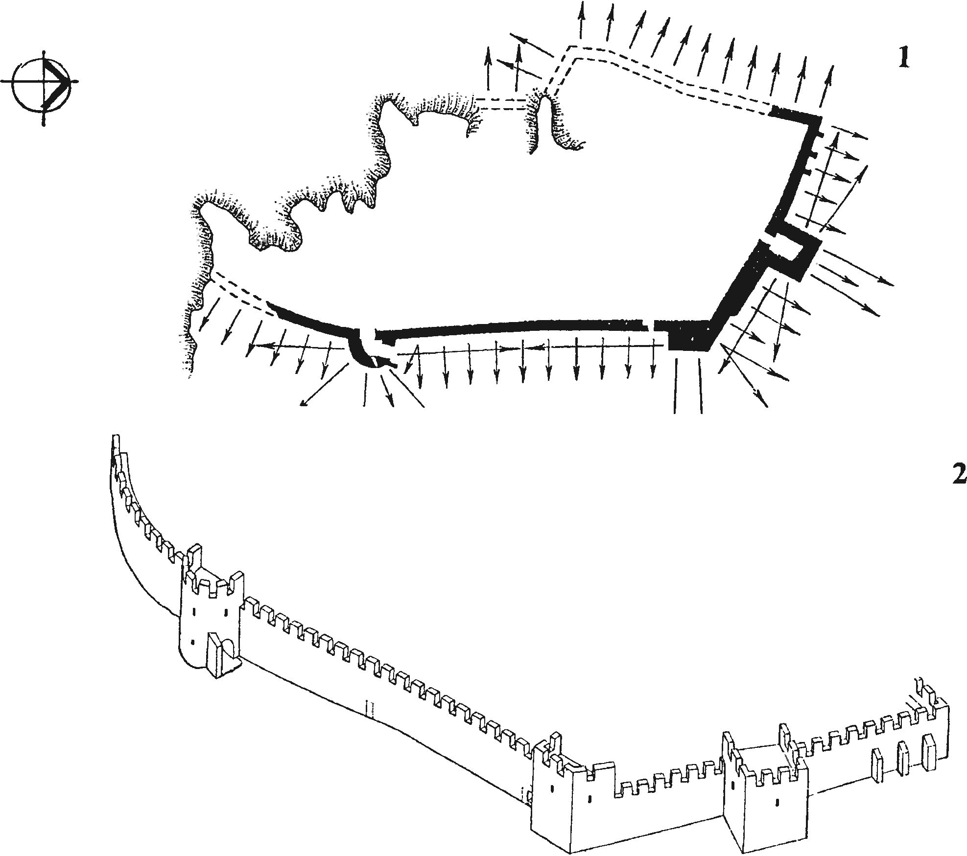 Рис. 40. Оборонительные сооружения крепости Фуна после ремонтно-восстановительных работ второй четверти XV в.: 1 — схема обороны укрепления; 2 — вид с северо-востока (реконструкция В.П. Кирилко) Рис. 40. Оборонительные сооружения крепости Фуна после ремонтно-восстановительных работ второй четверти XV в.: 1 — схема обороны укрепления; 2 — вид с северо-востока (реконструкция В.П. Кирилко)