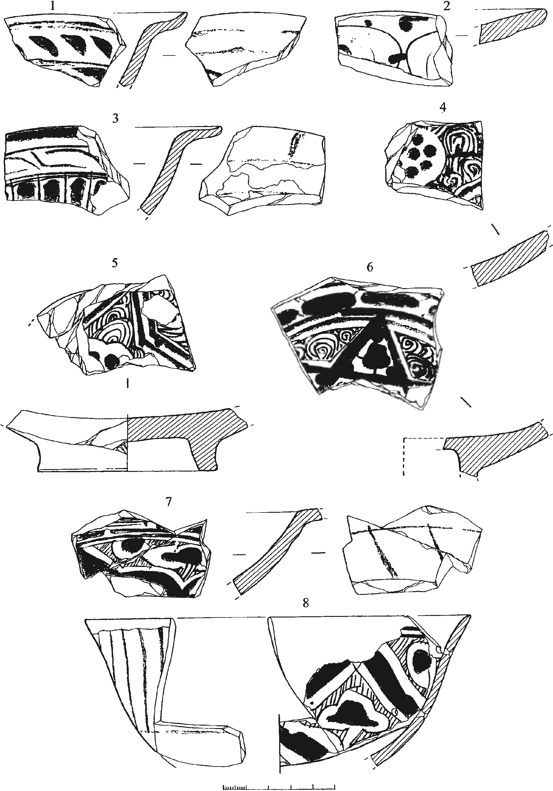 Рис. 370 Фрагменты красноглиняных поливных сосудов XV в. с росписью кобальтом из слоя со следами пожара в насыпи валганга Рис. 370 Фрагменты красноглиняных поливных сосудов XV в. с росписью кобальтом из слоя со следами пожара в насыпи валганга
