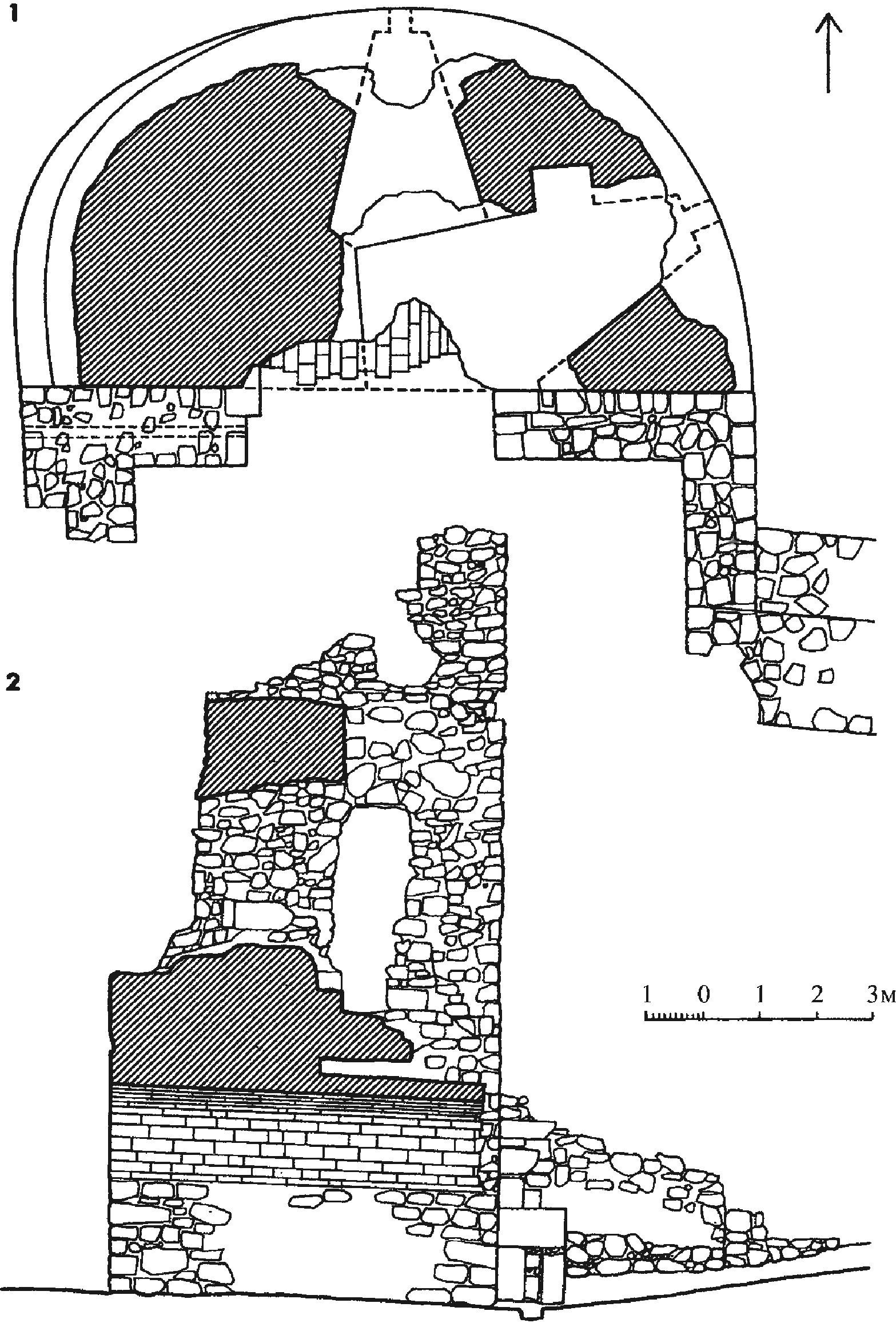 Рис. 48. Въездная башня Каламиты XV в.: 1 — план; 2 — продольный разрез по оси воротного проема (по Е.И. Лопушинской, П.П. Ткач, В.Ф. Отченашко) Рис. 48. Въездная башня Каламиты XV в.: 1 — план; 2 — продольный разрез по оси воротного проема (по Е.И. Лопушинской, П.П. Ткач, В.Ф. Отченашко)