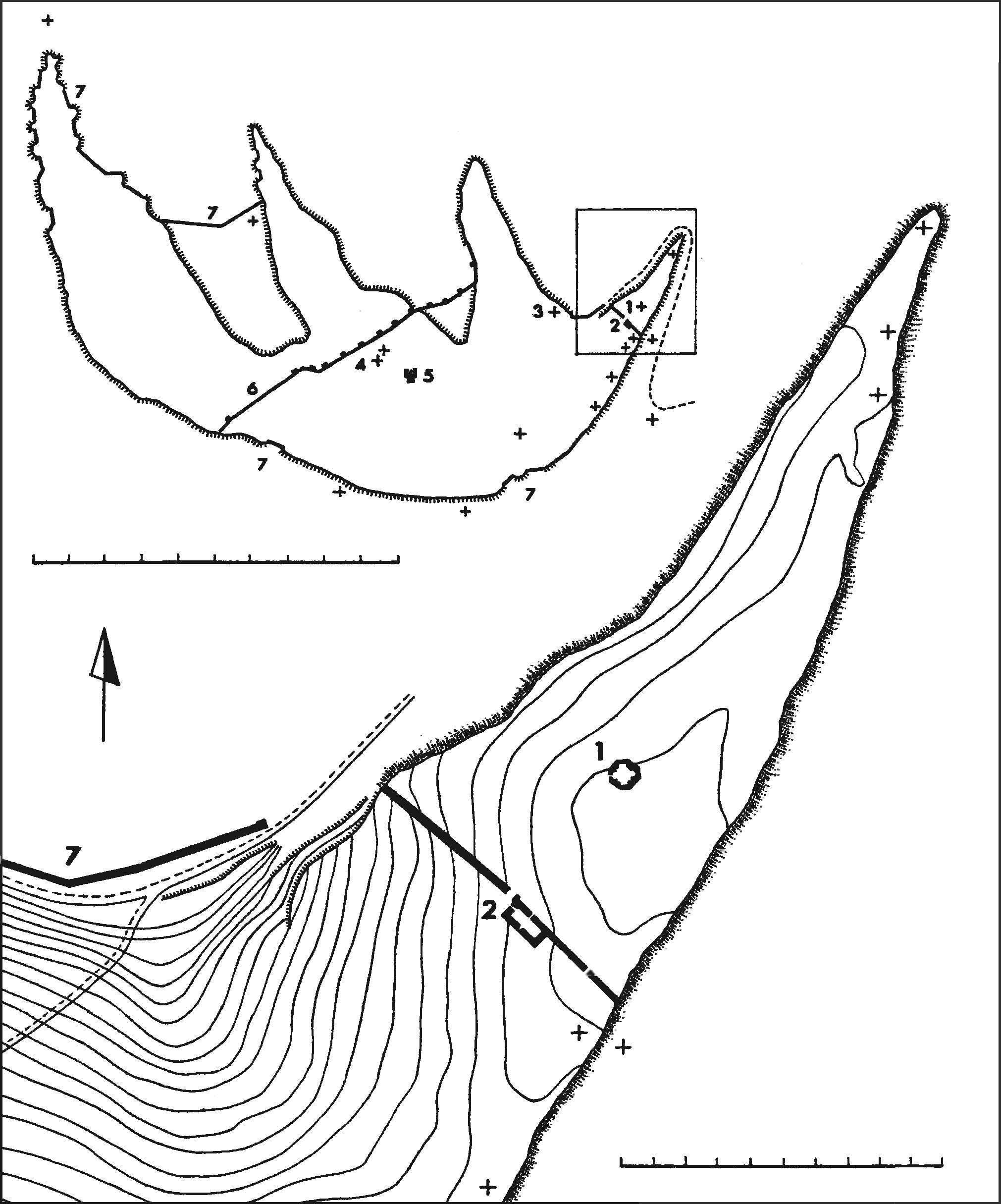 Рис. 52. План крепости Феодоро (Мангупа) XV в. Условные обозначения: 1 — октогональный храм: 2 — линия обороны цитадели на мысе Тешкли-Бурун; 3 — церковь св. Георгия; 4 — Большая базилика; 5 — дворец Алексея; 6 — Вторая линия обороны; 7 — Главная линия обороны Рис. 52. План крепости Феодоро (Мангупа) XV в. Условные обозначения: 1 — октогональный храм: 2 — линия обороны цитадели на мысе Тешкли-Бурун; 3 — церковь св. Георгия; 4 — Большая базилика; 5 — дворец Алексея; 6 — Вторая линия обороны; 7 — Главная линия обороны