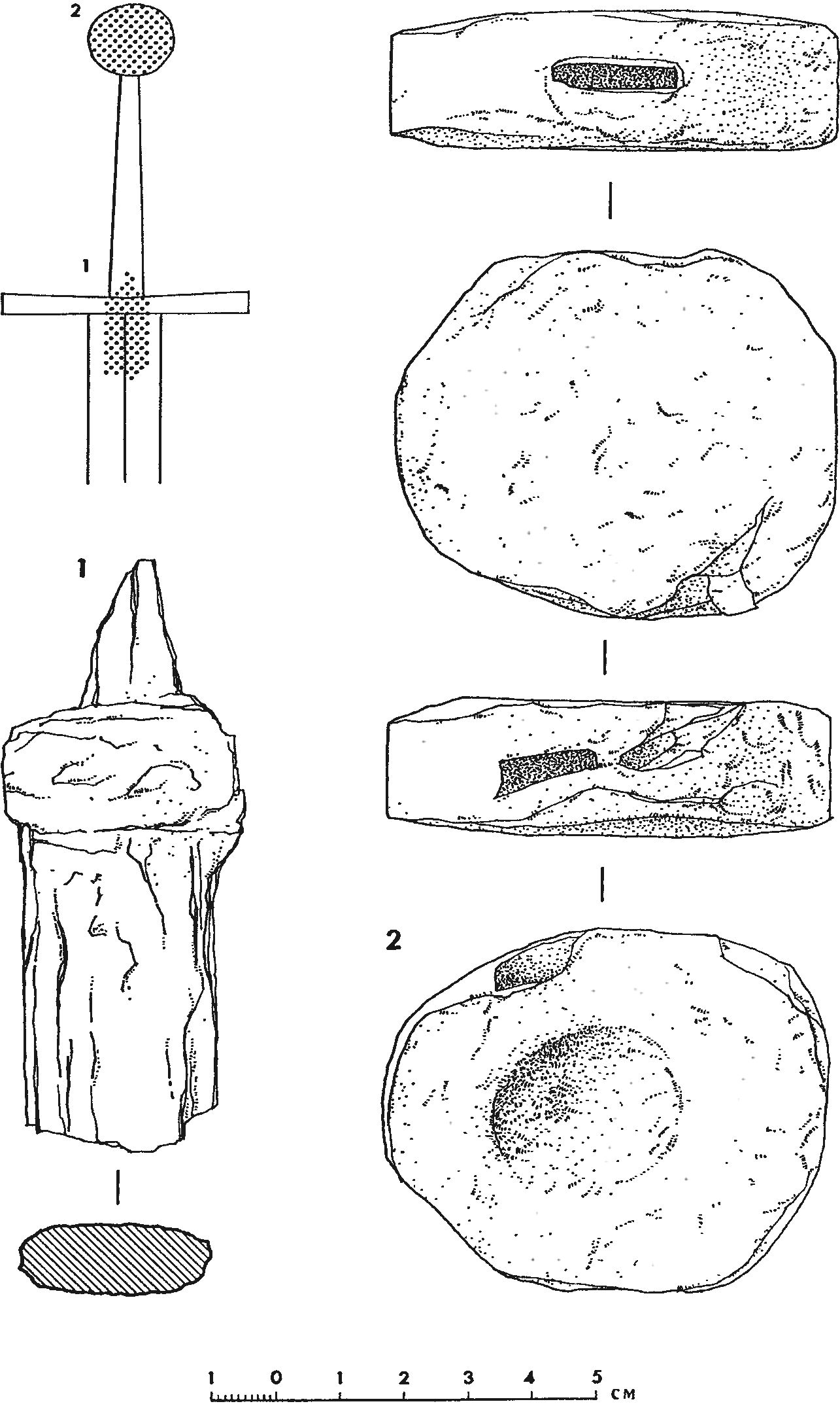 Рис. 68. Фрагменты «латинских» мечей первой трети XV в. из раскопок крепости Фуна: 1 — обломок клинка, перекрестия и черенка рукояти; 2 — набалдашник Рис. 68. Фрагменты «латинских» мечей первой трети XV в. из раскопок крепости Фуна: 1 — обломок клинка, перекрестия и черенка рукояти; 2 — набалдашник