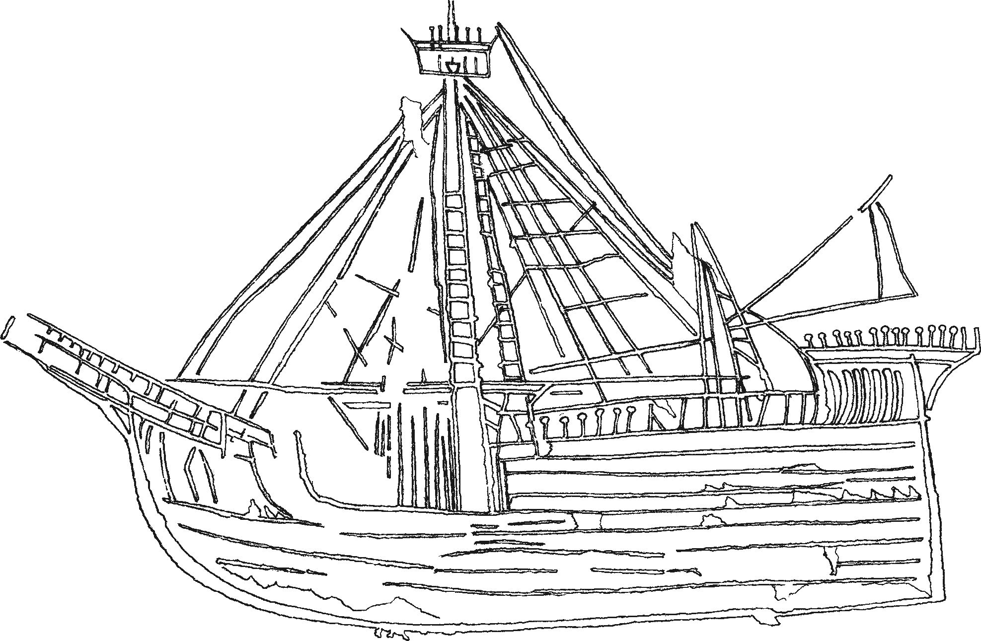 Рис. 79. Изображение № 1 латинского парусного корабля XV в. на каменном блоке из башни № 5 крепости Каламита Рис. 79. Изображение № 1 латинского парусного корабля XV в. на каменном блоке из башни № 5 крепости Каламита