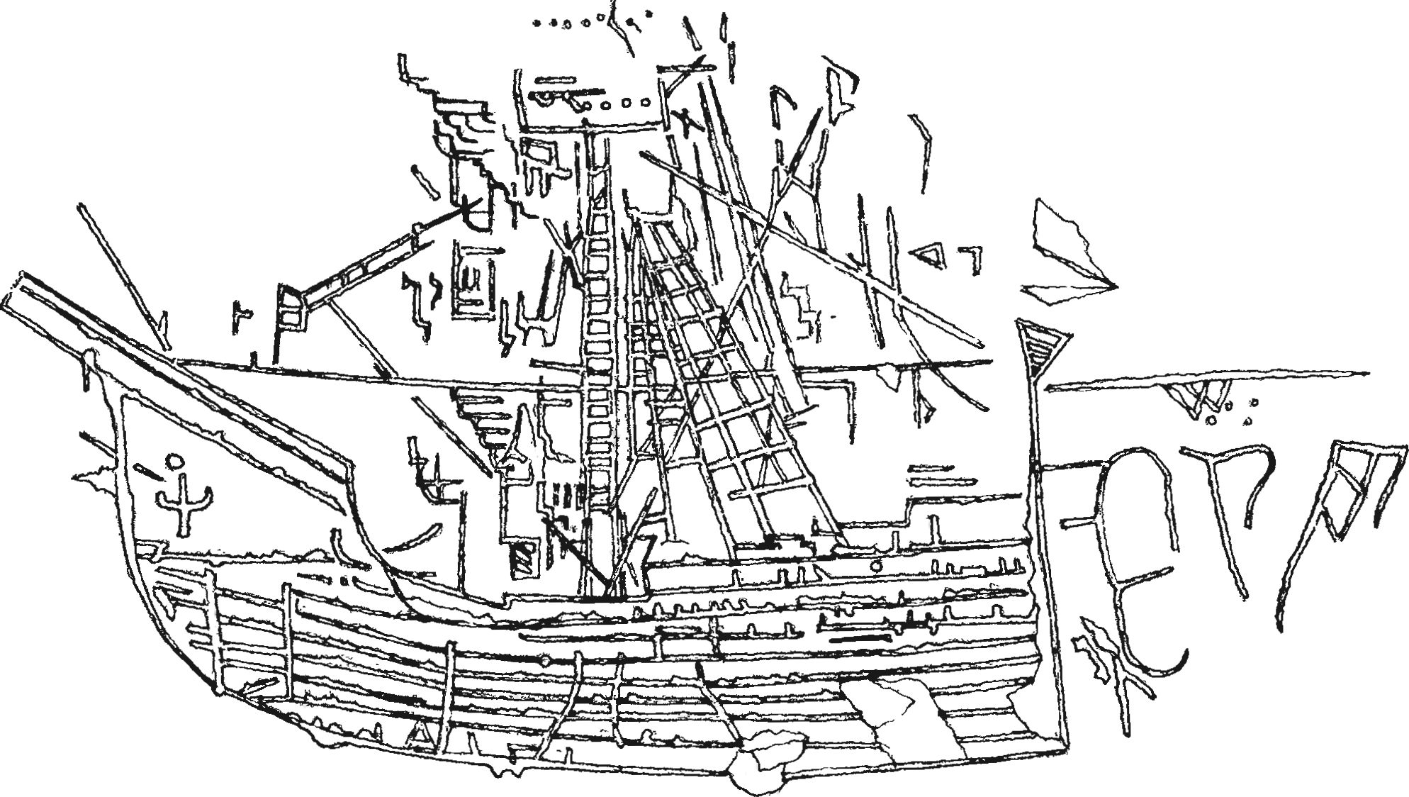 Рис. 81. Изображение № 3 латинского парусного корабля XV в. на каменном блоке из башни № 5 крепости Каламита Рис. 81. Изображение № 3 латинского парусного корабля XV в. на каменном блоке из башни № 5 крепости Каламита