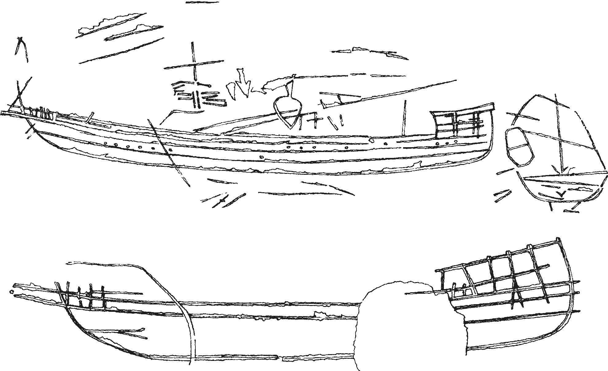 Рис. 83. Прорисовка изображений галер и барки на каменных блоках из башни № 5 крепости Каламита Рис. 83. Прорисовка изображений галер и барки на каменных блоках из башни № 5 крепости Каламита
