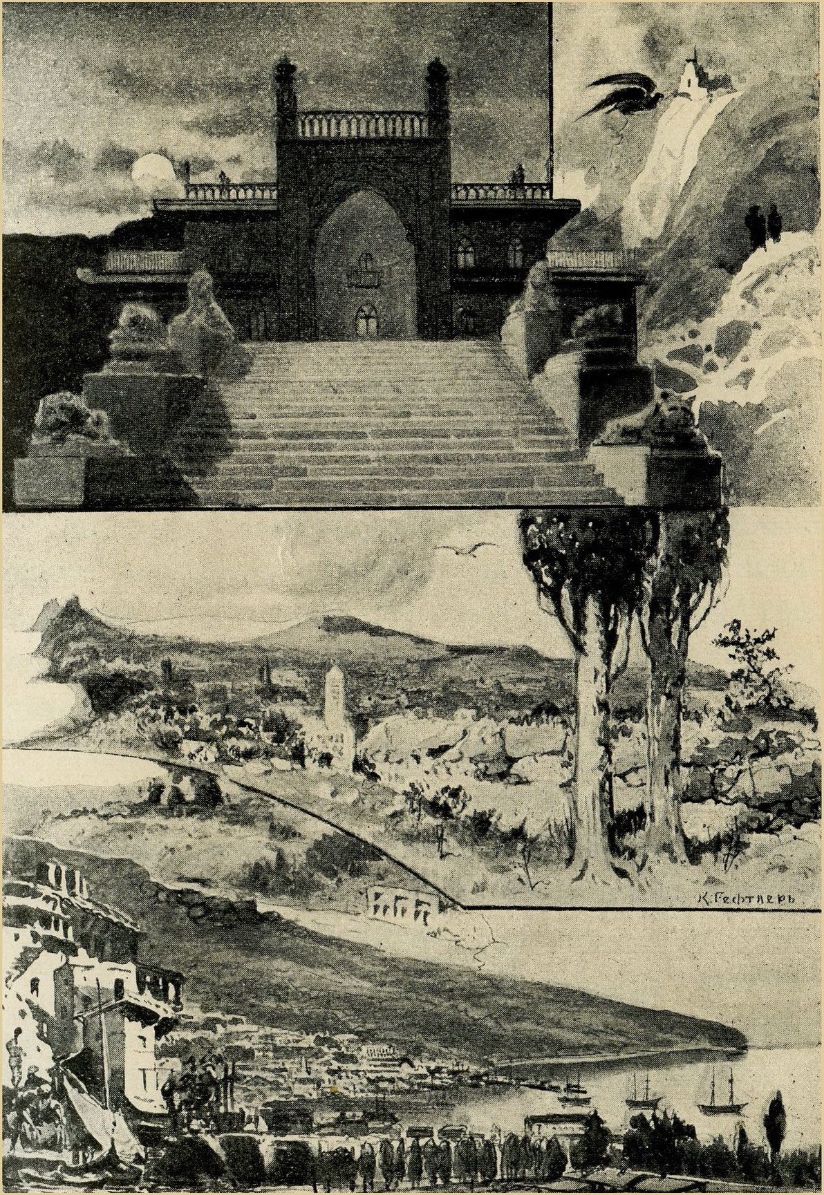 Дворец в Алупке. — Вид на Судакские горы. — Ялта. — Орлы Дворец в Алупке. — Вид на Судакские горы. — Ялта. — Орлы