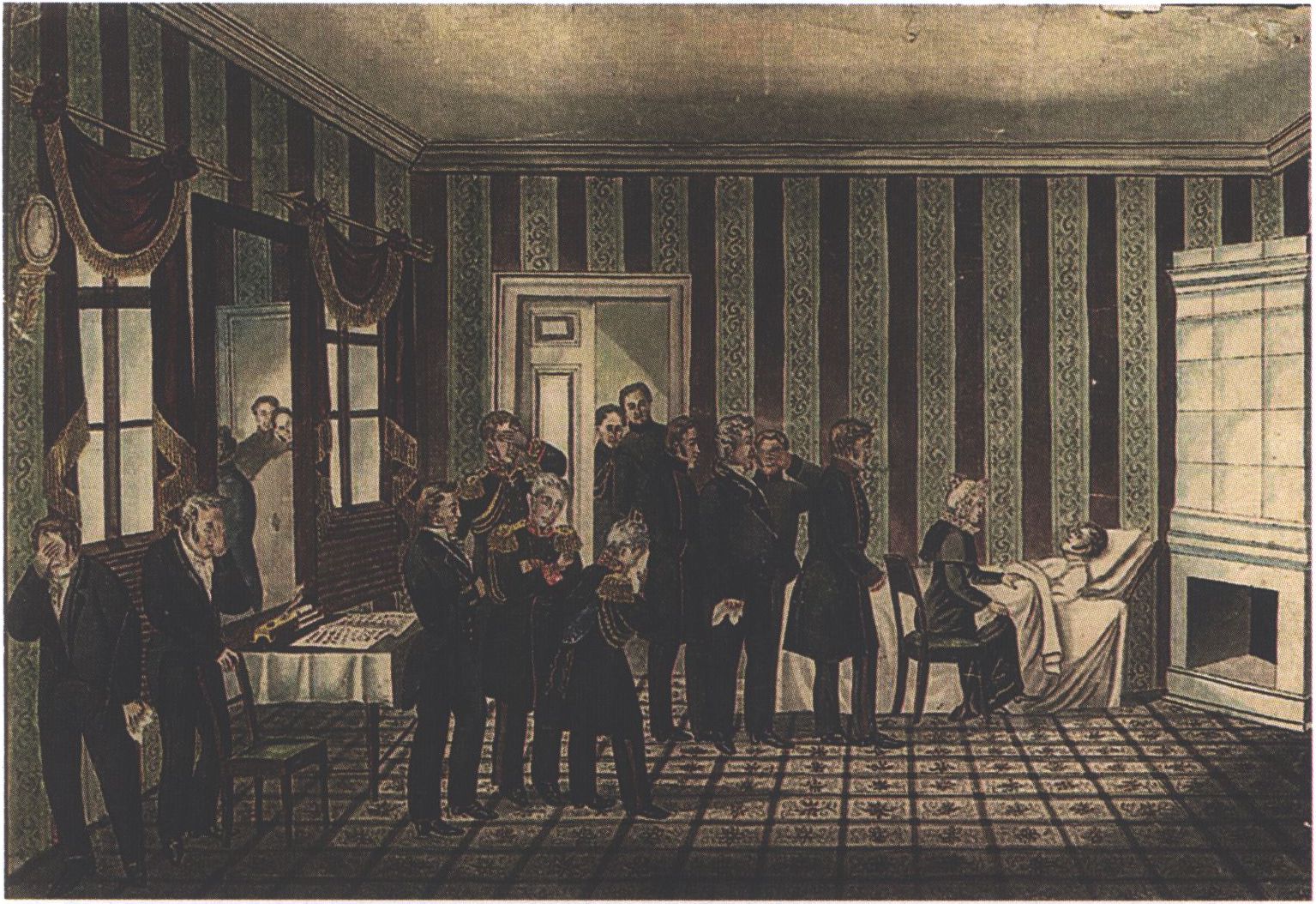 Изображение кончины Императора Всероссийского Александра I Павловича Благословенного в Таганроге 19 ноября 1825 г. Гравюра И. Кулакова. 1827 г. Изображение кончины Императора Всероссийского Александра I Павловича Благословенного в Таганроге 19 ноября 1825 г. Гравюра И. Кулакова. 1827 г.