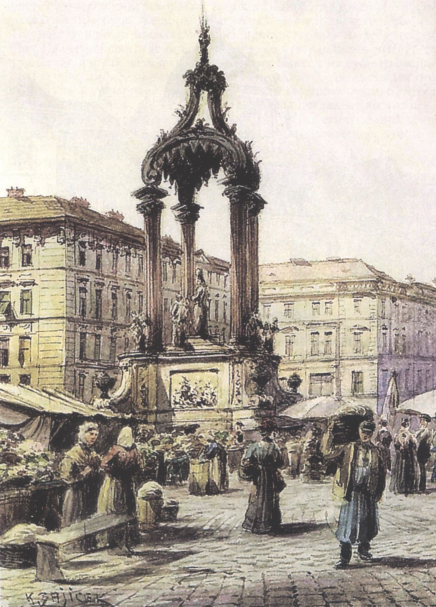 К. Зайцек. Суета на рынке Хоэр Маркт. Вена. Бумага, акварель. Около 1913 г. Галерея искусства и антиквариата Хорста и Вольфганта Зааля, Вена К. Зайцек. Суета на рынке Хоэр Маркт. Вена. Бумага, акварель. Около 1913 г. Галерея искусства и антиквариата Хорста и Вольфганта Зааля, Вена