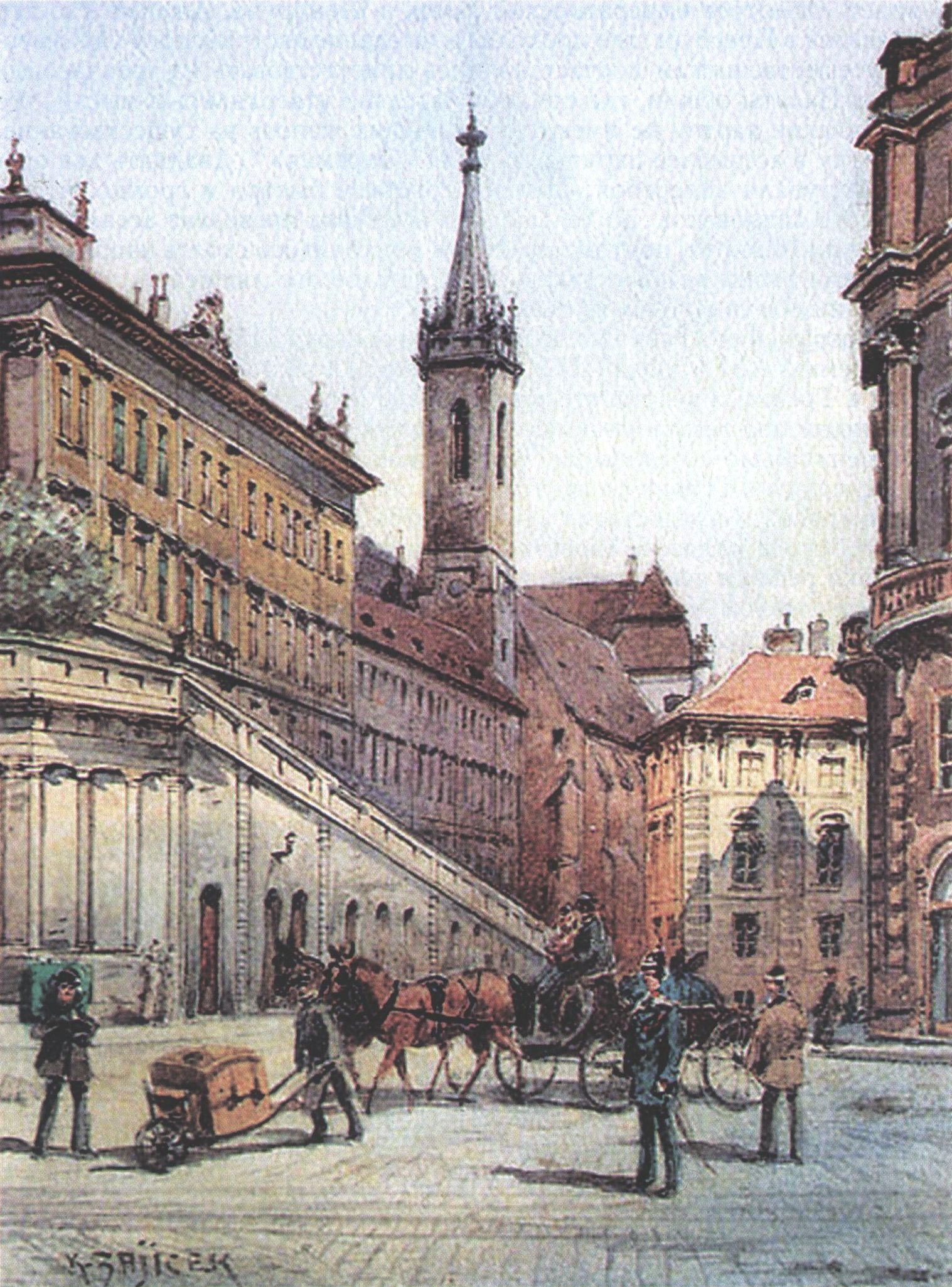 К. Зайцек. Улица святого Августина (с церковью святого Августина). Бумага, акварель. Около 1900 г. Художественная галерея Зааль, Вена К. Зайцек. Улица святого Августина (с церковью святого Августина). Бумага, акварель. Около 1900 г. Художественная галерея Зааль, Вена