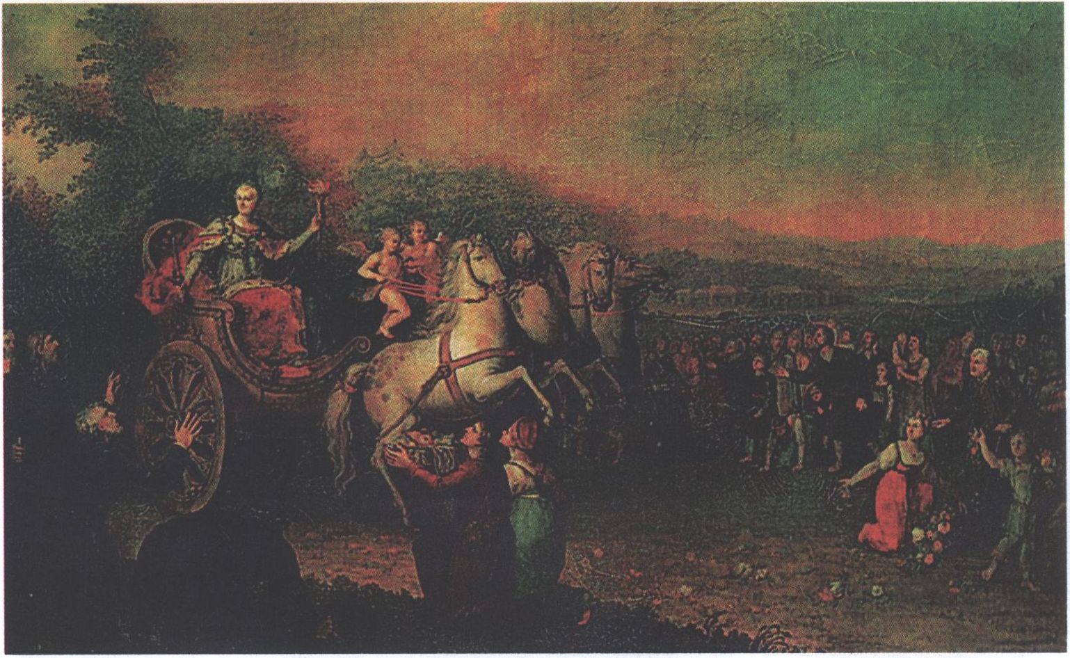 Екатерина II, путешествующая в своём государстве в 1787 г. Неизв. художник XVIII в. по оригиналу Ф. де Мейса. Х., м. 1787—1788 гг. Екатерина II, путешествующая в своём государстве в 1787 г. Неизв. художник XVIII в. по оригиналу Ф. де Мейса. Х., м. 1787—1788 гг.