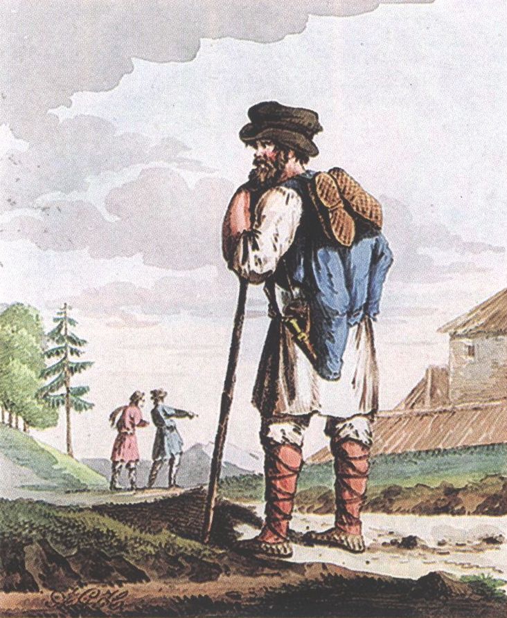 Д. Аткинсон. Русский крестьянин. XVIII в. Раскрашенная гравюра из серии «Рисунки, изображающие быт, костюм и развлечения русских» (Лондон, 1803. Т. 1) Д. Аткинсон. Русский крестьянин. XVIII в. Раскрашенная гравюра из серии «Рисунки, изображающие быт, костюм и развлечения русских» (Лондон, 1803. Т. 1)