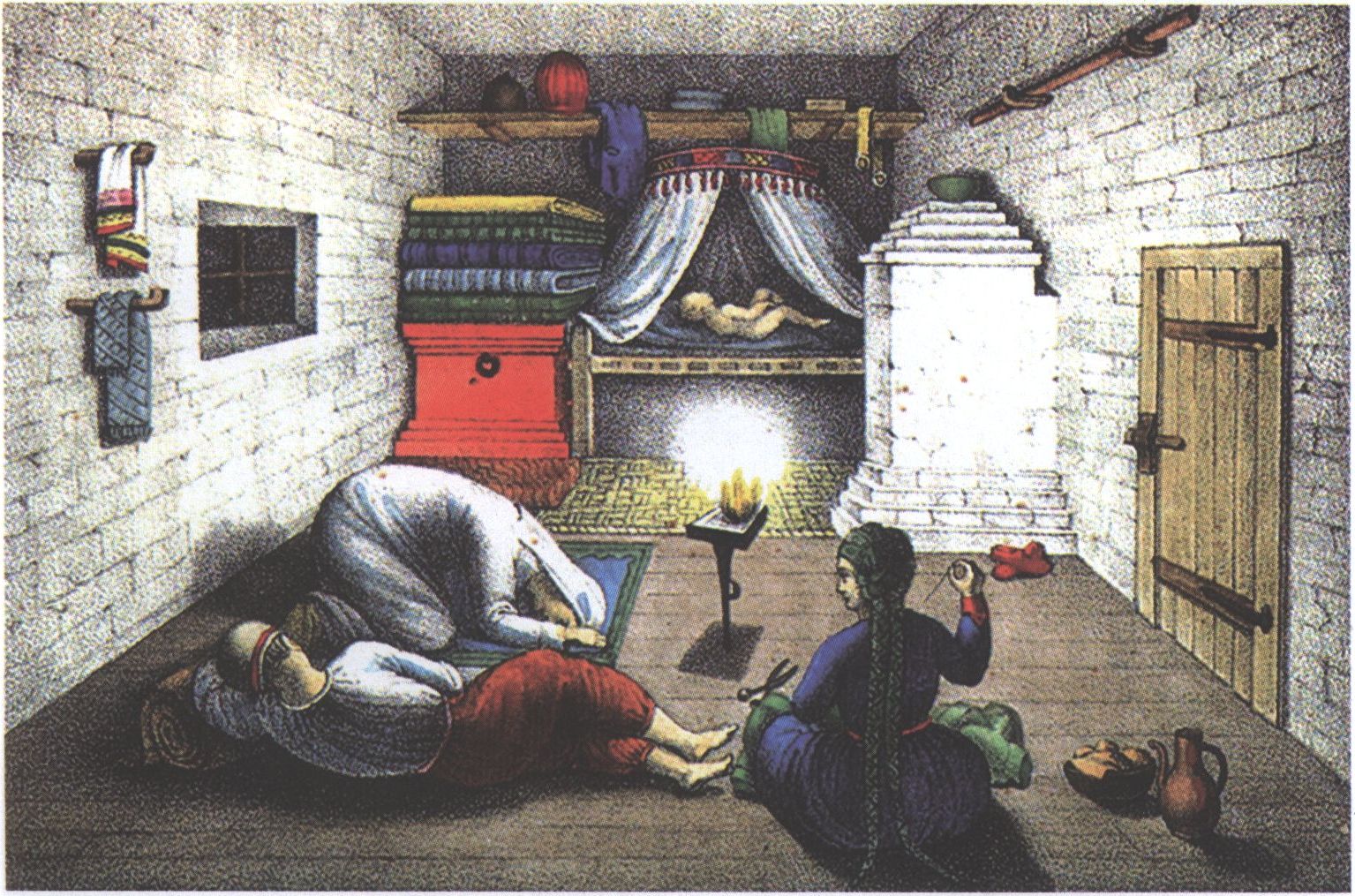 Внутри татарского дома. Раскрашенная гравюра. Воспроизводится по изданию: Schlatter D. Bruchstücke aus einigen Reisen nach dem südlichen Russland in den Jahren 1822 bis 1828: Mit besonderer Rücksicht auf die Nogaÿen. St. Gallen, 1830 Внутри татарского дома. Раскрашенная гравюра. Воспроизводится по изданию: Schlatter D. Bruchstücke aus einigen Reisen nach dem südlichen Russland in den Jahren 1822 bis 1828: Mit besonderer Rücksicht auf die Nogaÿen. St. Gallen, 1830