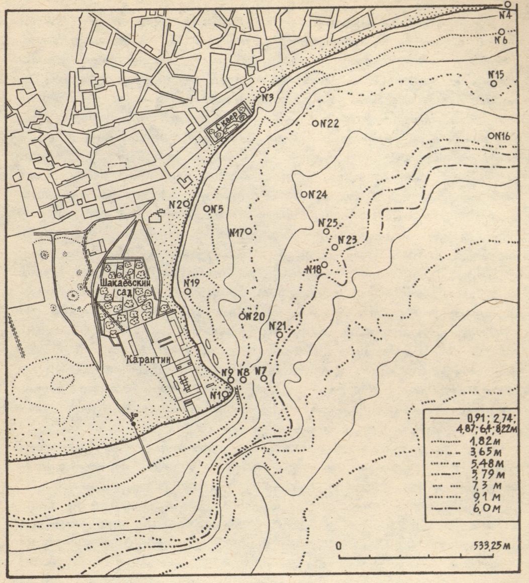 Карантинный мыс в г. Евпатории и промеры глубин морского дна (по В.Ю. Руммелю, 1899) Карантинный мыс в г. Евпатории и промеры глубин морского дна (по В.Ю. Руммелю, 1899)