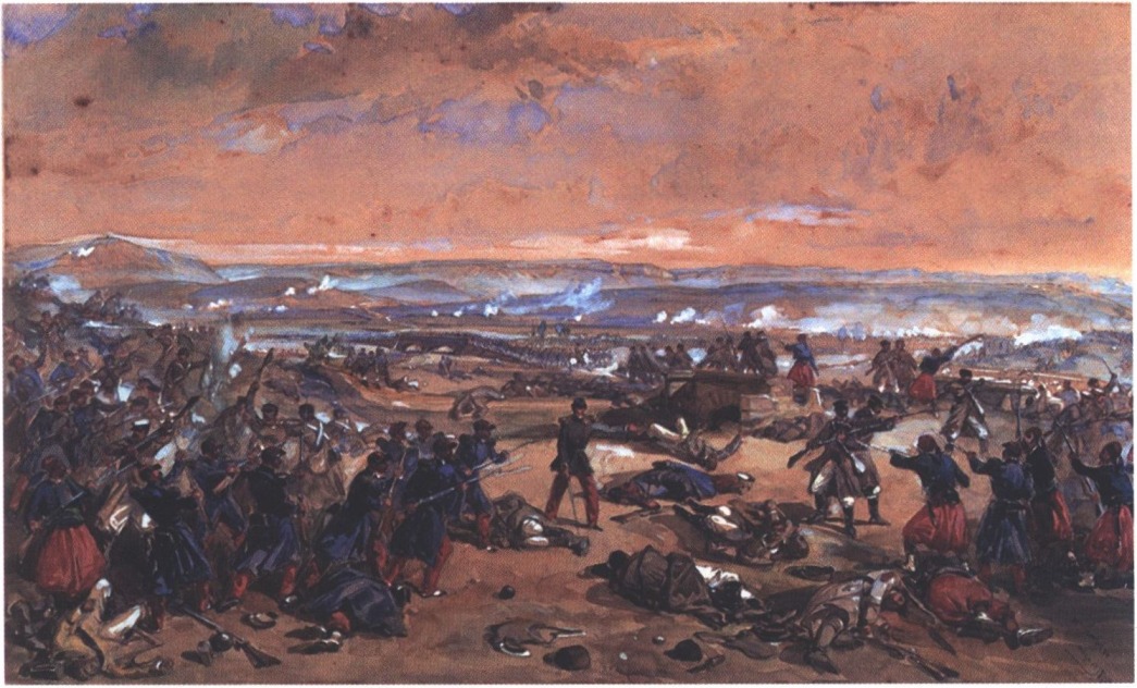 Сражение на Черной речке 4 (16) августа 1855 г. Акварель У. Симпсона Сражение на Черной речке 4 (16) августа 1855 г. Акварель У. Симпсона