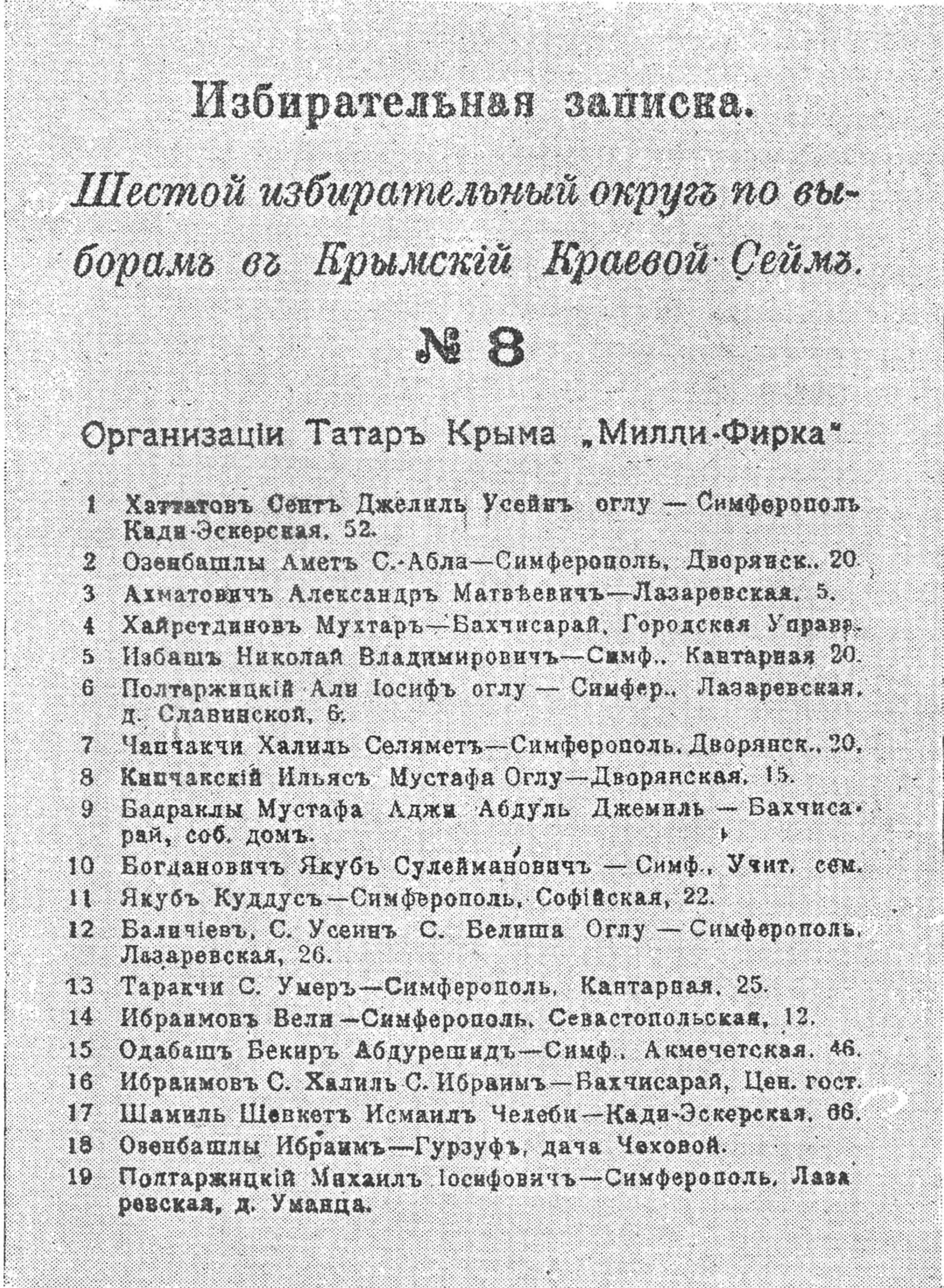 Листовка Милли Фирка к перевыборам в Крымский краевой сейм Листовка Милли Фирка к перевыборам в Крымский краевой сейм