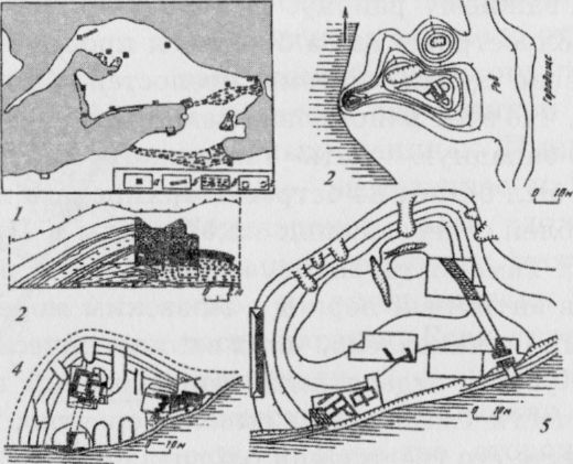 Боспорские крепости на Фанталовском полуострове: 1 — схема расположения крепостей; 2 — Каменная батарейка, план; 3 — Батарейка I, план сохранившихся остатков; 5 — Патрей, план крепости. По Ю.М. Десятчикову Боспорские крепости на Фанталовском полуострове: 1 — схема расположения крепостей; 2 — Каменная батарейка, план; 3 — Батарейка I, план сохранившихся остатков; 5 — Патрей, план крепости. По Ю.М. Десятчикову