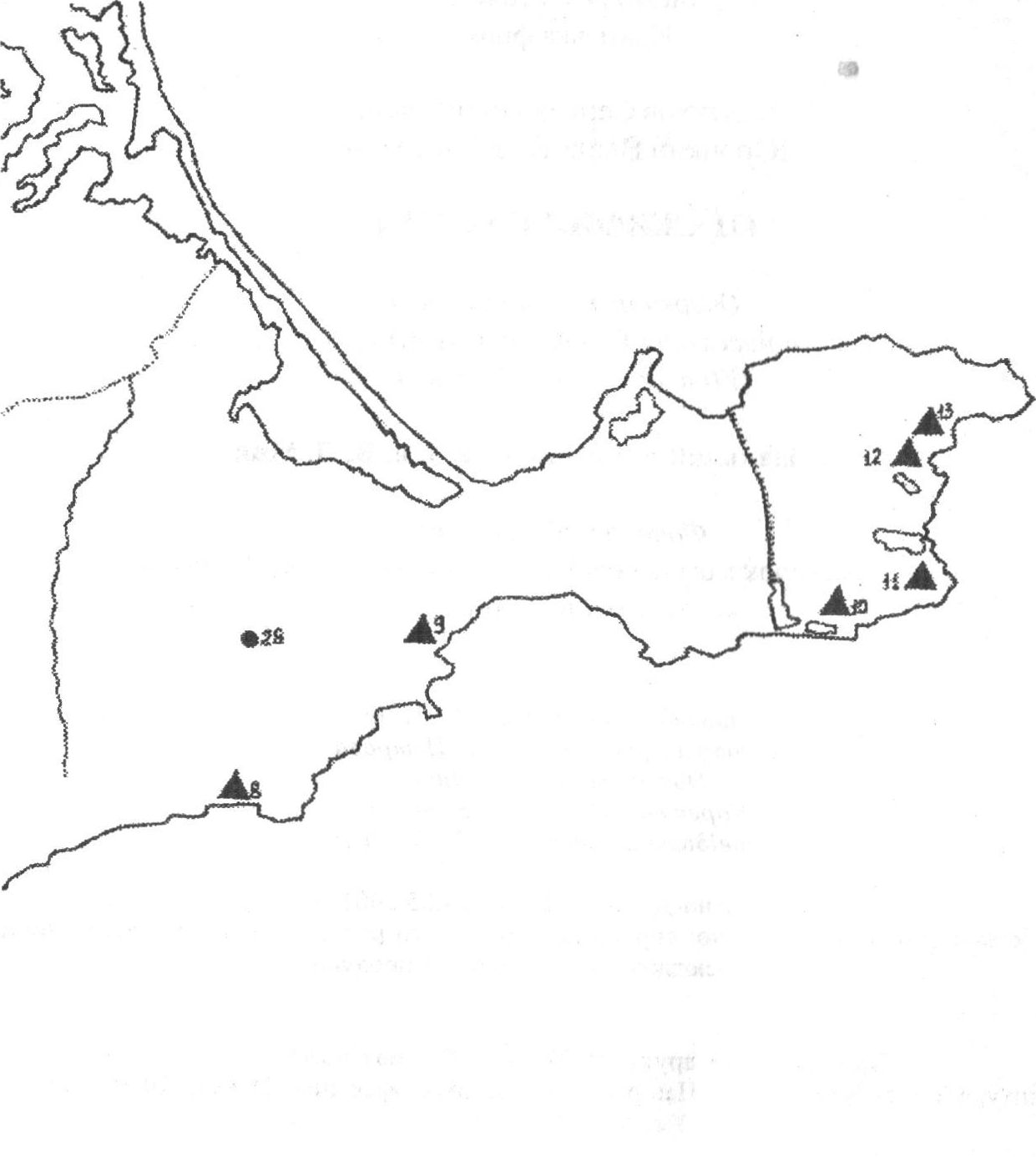 Карта III. Основные позднеантичные и раннесредневековые памятники. Города и крепости: ▲ 1 — Херсонес; 2 — Эски-Кермен (городище и могильник); 3 — Мангуп (городище и могильник); 4 — Горзувиты (Гурзуф); 5 — Партенит; 6 — Алустон (Алушта); 7 — Бакла; 8 — Сугдея (Судак); Феодосия-Ардабда; Киберник (г. Опук); 11 — Ките и; 12 — Тиритака; 13 — Боспор (Керчь). Могильники позднеримского времени: ● 14 — Инкерман; 15 — Совхоз «Севастопольский» (№ 10); 16 — Килен-Балка; 17 — Черноречье; 18—21 — Вишневое, Суворово, Тенистое (Тас-Тепе), Красная Заря; 22 — Озерное III; 23 — Ай-Тодор (Харакс); 24 — Чатырдаг; 25 — Дружное; 26 — Перевальное; 27 — Нейзац; 28 — Курское (Бор-Кая). ◐ Раннесредневековые могильники: 29 — «Сахарная Головка»; 30 — Карши-Баир; 31— Узень-Баш; 32 — Голубой Залив; 33 — Алония; 34 — Бал-Гота; 35 — Суук-Су; 36 — Лучистое; 37 — Чуфут-Кале; 38 — Скалистое; 39 — Баклинский овраг. ⦚ Узунларский вал Карта III. Основные позднеантичные и раннесредневековые памятники. Города и крепости: ▲ 1 — Херсонес; 2 — Эски-Кермен (городище и могильник); 3 — Мангуп (городище и могильник); 4 — Горзувиты (Гурзуф); 5 — Партенит; 6 — Алустон (Алушта); 7 — Бакла; 8 — Сугдея (Судак); Феодосия-Ардабда; Киберник (г. Опук); 11 — Ките и; 12 — Тиритака; 13 — Боспор (Керчь). Могильники позднеримского времени: ● 14 — Инкерман; 15 — Совхоз «Севастопольский» (№ 10); 16 — Килен-Балка; 17 — Черноречье; 18—21 — Вишневое, Суворово, Тенистое (Тас-Тепе), Красная Заря; 22 — Озерное III; 23 — Ай-Тодор (Харакс); 24 — Чатырдаг; 25 — Дружное; 26 — Перевальное; 27 — Нейзац; 28 — Курское (Бор-Кая). ◐ Раннесредневековые могильники: 29 — «Сахарная Головка»; 30 — Карши-Баир; 31— Узень-Баш; 32 — Голубой Залив; 33 — Алония; 34 — Бал-Гота; 35 — Суук-Су; 36 — Лучистое; 37 — Чуфут-Кале; 38 — Скалистое; 39 — Баклинский овраг. ⦚ Узунларский вал