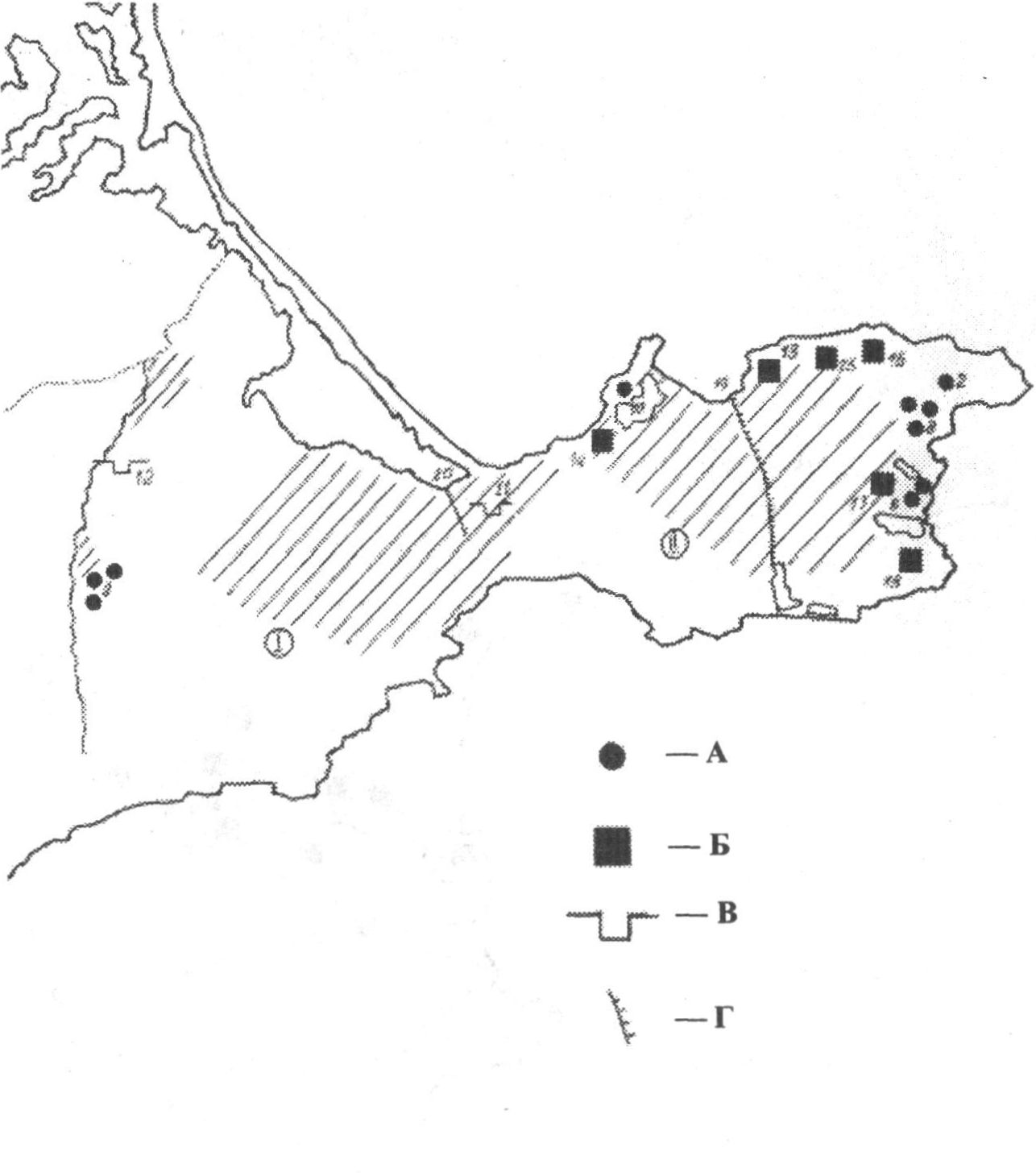 Карта I. Основные памятники скифского времени и рвы Восточного Крыма. А — погребения в курганах. 1 — Филатовка, 2 — Темир-Гора, 3 — курган Кулаковского, 4 — Симферопольский «Золотой» курган, 5 — курганы группы Дорт-Оба и Талаевский курган, 6 — курганный некрополь Нимфея, 7 — Кара-Меркитский (Ак-Мечетский) курган. 8 — курганный некрополь Пантикапея: курганы «Патиниоти», Куль-Оба, Третий «Змеиный», Баксинский, Кекуватского, Павловский и др., 9 — Аккайский курганный некрополь, 10 — Акташский курганный некрополь. Б — могильники из каменных ящиков. 13 — Стоячий камень, 14 — могильники Казантипского полуострова, 15 — Куль-Тепе, 16 — могильники Мысырского плато, 17 — северный могильник Южно-Чурубашского поселения, 18 — мыс Такиль. В — грунтовые могильники. 11 — могильник Фронтовое I, 12 — могильник Приречное. Г— — Рвы и валы. 19 — Узунларский ров и вал, 20 — Акмонайский ров и вал. I — Территория распространения варварских поселений Федосийской группы; II — территория распространения варварских поселений Керченской группы Карта I. Основные памятники скифского времени и рвы Восточного Крыма. А — погребения в курганах. 1 — Филатовка, 2 — Темир-Гора, 3 — курган Кулаковского, 4 — Симферопольский «Золотой» курган, 5 — курганы группы Дорт-Оба и Талаевский курган, 6 — курганный некрополь Нимфея, 7 — Кара-Меркитский (Ак-Мечетский) курган. 8 — курганный некрополь Пантикапея: курганы «Патиниоти», Куль-Оба, Третий «Змеиный», Баксинский, Кекуватского, Павловский и др., 9 — Аккайский курганный некрополь, 10 — Акташский курганный некрополь. Б — могильники из каменных ящиков. 13 — Стоячий камень, 14 — могильники Казантипского полуострова, 15 — Куль-Тепе, 16 — могильники Мысырского плато, 17 — северный могильник Южно-Чурубашского поселения, 18 — мыс Такиль. В — грунтовые могильники. 11 — могильник Фронтовое I, 12 — могильник Приречное. Г— — Рвы и валы. 19 — Узунларский ров и вал, 20 — Акмонайский ров и вал. I — Территория распространения варварских поселений Федосийской группы; II — территория распространения варварских поселений Керченской группы