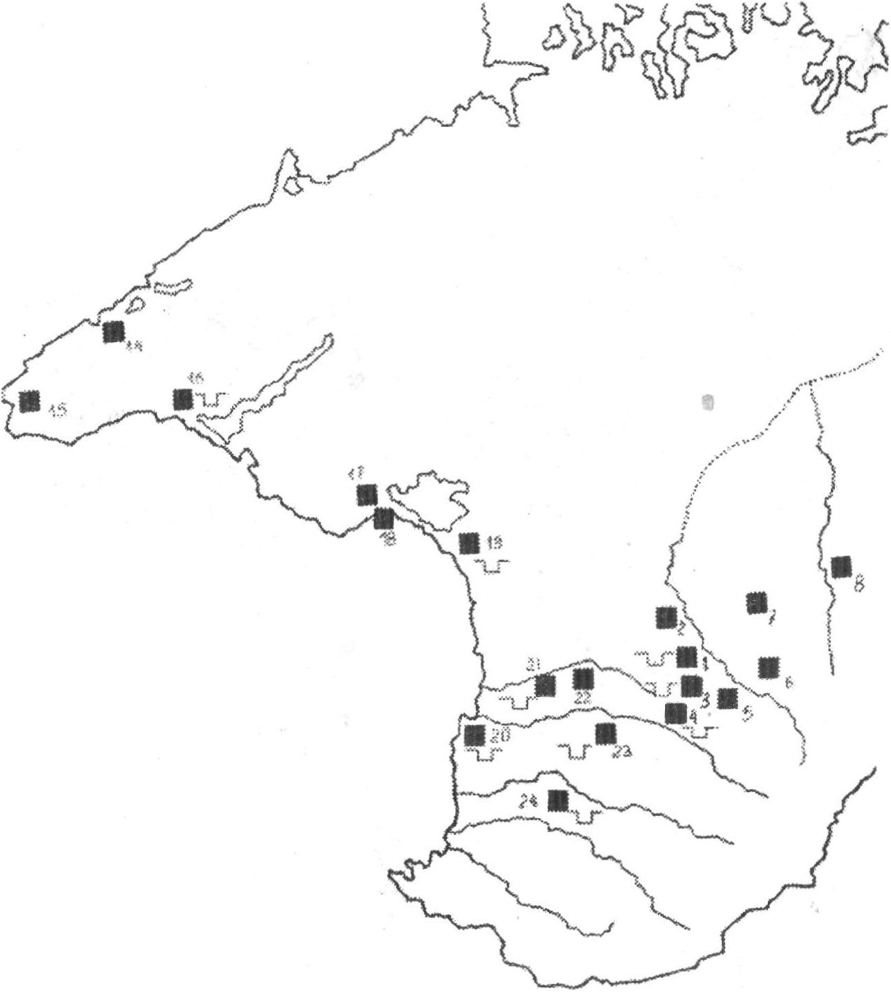 Карта II. Основные памятники Крымской Скифии и рвы Восточного Крыма. А — городища, Б — могильники, 1 — Неаполь скифский, 2 — городище Кермен-Кыр, 3 — городище Залесье и могильник у с. Фонтаны, 4 — Городище Змеиное и могильник у с. Левадки, 5 — городище Доброе, 6 — городище Золотое Ярмо (Дружное), 7 — городище Борут-Хане, 8 — городище Меловое, 10 — городище Вишенное, 11 — Алексеевское городище и могильник, 12 — городище Бор-Кая, 13 — городище Сары-Кая, 14 — Калос-Лимен, 15 — Караджинское городище, 16 — городище и могильник Беляус, 17 — городище Чайка, 18 — Керкинитида, 19 — городище и могильник Кара-Тобе, 20 — Усть-Альминское городище и могильник, 21 — городище и могильник у с. Кольчугино, 22 — Булганакское городище, 23 — городище Алма-Кермен и Заветненский могильник, 24 — Краснозоренское городище и могильник. В — рвы и валы. 25 — Ров и вал у входа в Старокрымскую долину, 26 — Акмонайский ров и вал, 27 — Узунларский ров и вал Карта II. Основные памятники Крымской Скифии и рвы Восточного Крыма. А — городища, Б — могильники, 1 — Неаполь скифский, 2 — городище Кермен-Кыр, 3 — городище Залесье и могильник у с. Фонтаны, 4 — Городище Змеиное и могильник у с. Левадки, 5 — городище Доброе, 6 — городище Золотое Ярмо (Дружное), 7 — городище Борут-Хане, 8 — городище Меловое, 10 — городище Вишенное, 11 — Алексеевское городище и могильник, 12 — городище Бор-Кая, 13 — городище Сары-Кая, 14 — Калос-Лимен, 15 — Караджинское городище, 16 — городище и могильник Беляус, 17 — городище Чайка, 18 — Керкинитида, 19 — городище и могильник Кара-Тобе, 20 — Усть-Альминское городище и могильник, 21 — городище и могильник у с. Кольчугино, 22 — Булганакское городище, 23 — городище Алма-Кермен и Заветненский могильник, 24 — Краснозоренское городище и могильник. В — рвы и валы. 25 — Ров и вал у входа в Старокрымскую долину, 26 — Акмонайский ров и вал, 27 — Узунларский ров и вал
