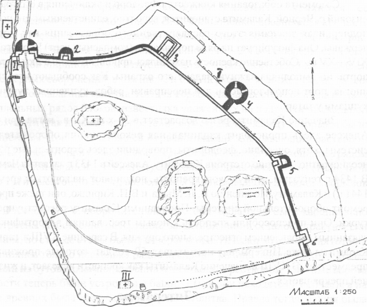 Рис. 2. План крепости Каламита. (Архив НЗХТ. Д. 26900). 1, 2... — номера башен. I — «церковь в Каламите». II — осадный колодец. III — храм в юго-западном углу Каламиты Рис. 2. План крепости Каламита. (Архив НЗХТ. Д. 26900). 1, 2... — номера башен. I — «церковь в Каламите». II — осадный колодец. III — храм в юго-западном углу Каламиты
