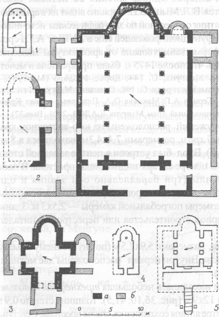 Рис. 41. Христианские храмы Мангупа по В.Н. Кирилко. 1. Храм к югу от стены цитадели. 2. Базилика и крещальня. 3. Храм на юго-восточном склоне. 4. Церковь в 165 м к югу от цитадели. 5. Трехнефный храм на южном краю плато Рис. 41. Христианские храмы Мангупа по В.Н. Кирилко. 1. Храм к югу от стены цитадели. 2. Базилика и крещальня. 3. Храм на юго-восточном склоне. 4. Церковь в 165 м к югу от цитадели. 5. Трехнефный храм на южном краю плато