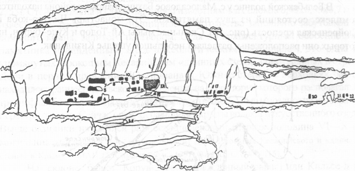 Рис. 56. Чилтер-коба. Реконструкция монастыря по В.Н. Даниленко Рис. 56. Чилтер-коба. Реконструкция монастыря по В.Н. Даниленко