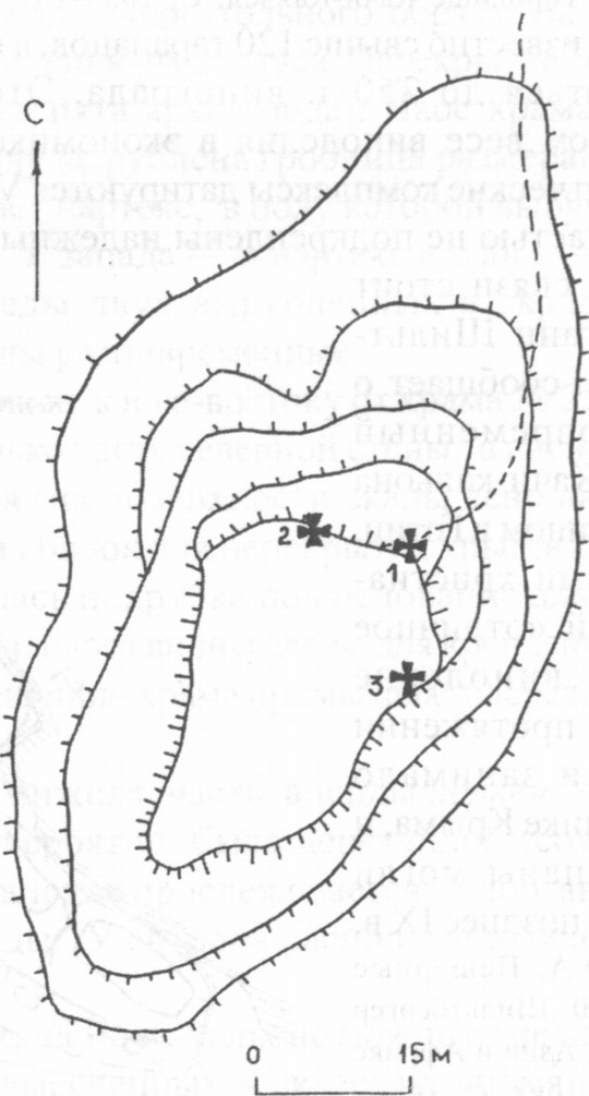 Рис. 60. Тепе-Кермен. План-схема городища. 1, 2 — пещерные церкви Рис. 60. Тепе-Кермен. План-схема городища. 1, 2 — пещерные церкви