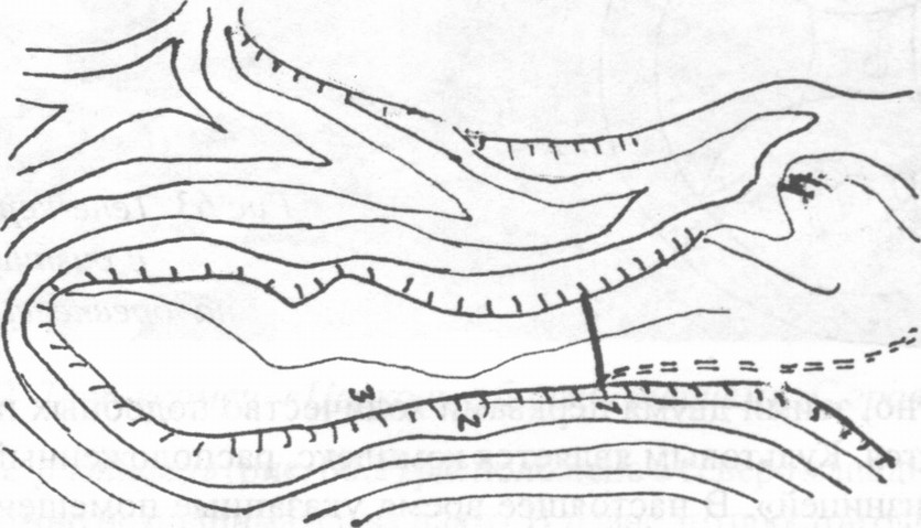 Рис. 64. Кыз-Кермен. План-схема городища по А.В. Белому. 1. Оборонительная стена. 2. Скальная келья. 3. «Дом правителя». 4. Церковь за пределами городища Рис. 64. Кыз-Кермен. План-схема городища по А.В. Белому. 1. Оборонительная стена. 2. Скальная келья. 3. «Дом правителя». 4. Церковь за пределами городища