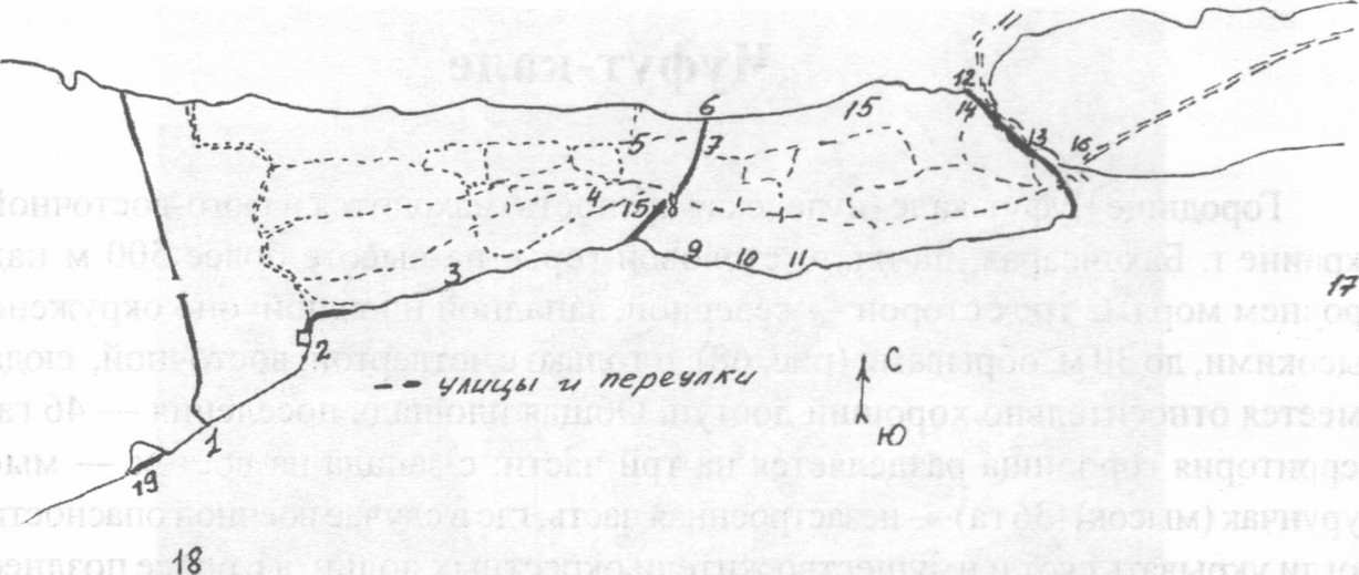 Рис. 67. Чуфут-кале. План-схема застроенной части по А.Г. Герцену. 1. Стена, отделяющая Бурунчак от Старого города. 2. Южная оборонительная стена с воротами Кичик-капу. 3. Кенассы. 4. Мечеть. 5. Водосборный колодец. 6. Средняя оборонительная стена. 7. Рвы перед Средней оборонительной стеной. 8. Ворота Орта-капу. 9 Колодец Копка-кую. 10. Дом А.С. Фирковича. 11. Руины дворца для приема знатных гостей. 12. Восточная оборонительная стена. 13. Рвы перед Восточной оборонительной стеной. 14. Остатки бани. 15. «Тюрьма». 16. Водосборный бассейн. 17. Иософатова долина. 18. Колодец Сокур-кую. 19. Стена Пенджаре-исар Рис. 67. Чуфут-кале. План-схема застроенной части по А.Г. Герцену. 1. Стена, отделяющая Бурунчак от Старого города. 2. Южная оборонительная стена с воротами Кичик-капу. 3. Кенассы. 4. Мечеть. 5. Водосборный колодец. 6. Средняя оборонительная стена. 7. Рвы перед Средней оборонительной стеной. 8. Ворота Орта-капу. 9 Колодец Копка-кую. 10. Дом А.С. Фирковича. 11. Руины дворца для приема знатных гостей. 12. Восточная оборонительная стена. 13. Рвы перед Восточной оборонительной стеной. 14. Остатки бани. 15. «Тюрьма». 16. Водосборный бассейн. 17. Иософатова долина. 18. Колодец Сокур-кую. 19. Стена Пенджаре-исар