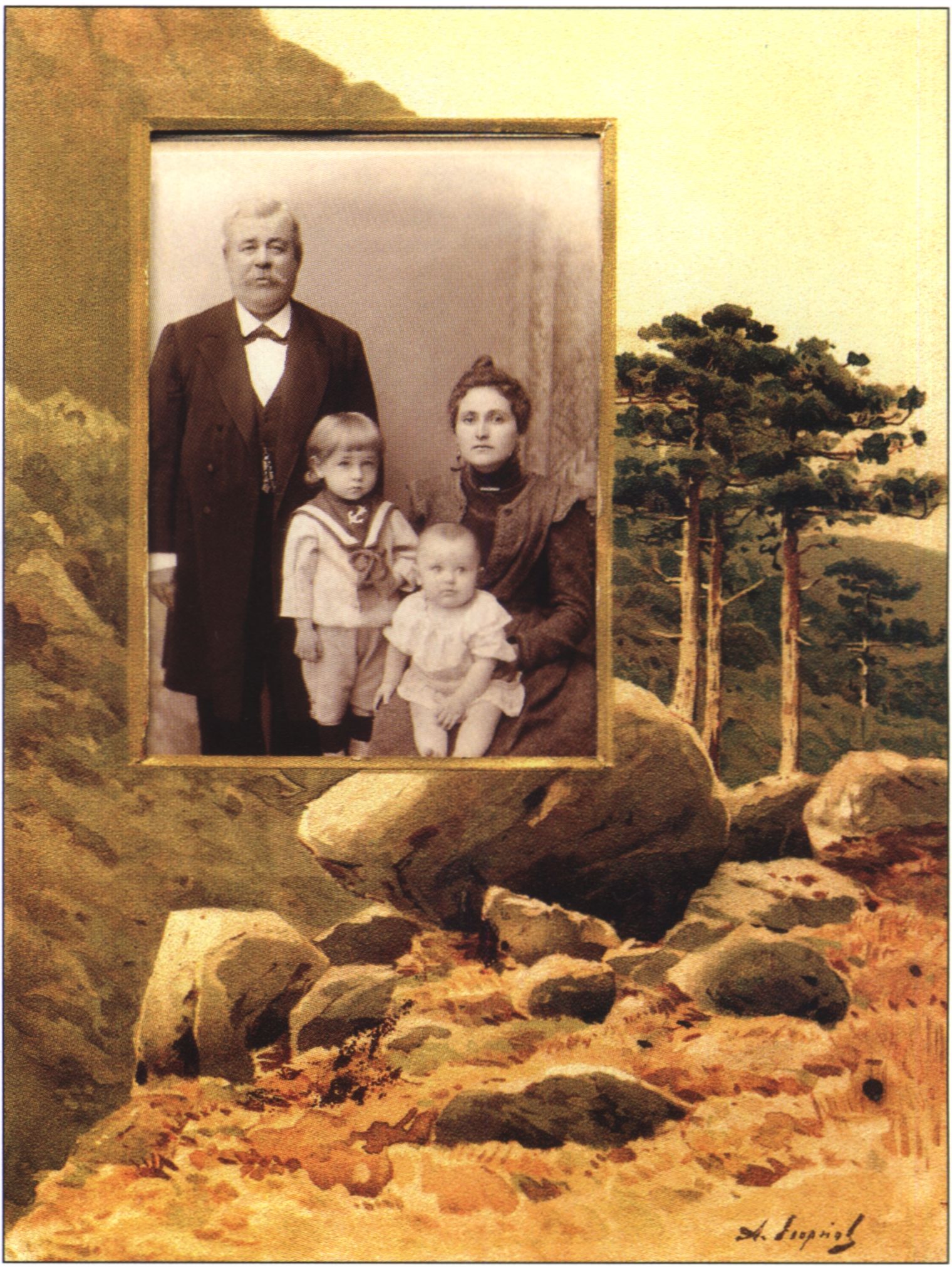 А. Егорнов. Предгорье Ай-Петри. Лист из фотоальбома семьи Дзеульских. Хромолитография. 1897. Собрание Н.К. Запаращук-Рыбаковской (Ялта). Воспроизводится впервые. Во врезном окне: Петр Павлович и Прасковья Александровна Дзеульские с детьми — Александром (старший, расстрелян в декабре 1920 г. в Багреевке) и Иваном. Фото И. Семенова. Ялта, 6 августа 1900 г. Публикуется впервые А. Егорнов. Предгорье Ай-Петри. Лист из фотоальбома семьи Дзеульских. Хромолитография. 1897. Собрание Н.К. Запаращук-Рыбаковской (Ялта). Воспроизводится впервые. Во врезном окне: Петр Павлович и Прасковья Александровна Дзеульские с детьми — Александром (старший, расстрелян в декабре 1920 г. в Багреевке) и Иваном. Фото И. Семенова. Ялта, 6 августа 1900 г. Публикуется впервые