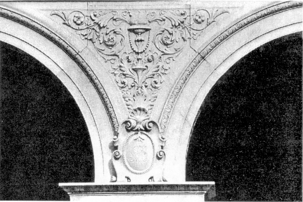 Фрагмент украшения парадного входа Ливадийского дворца. Декоративный орнамент резьбы по мрамору над колоннами и овальный картуш с вензелем Николая II. Картушей четыре. На остальных трех вензели: АА (Александра и Алексей), ОТ (Ольга, Татьяна) и МА (Мария, Анастасия) Фрагмент украшения парадного входа Ливадийского дворца. Декоративный орнамент резьбы по мрамору над колоннами и овальный картуш с вензелем Николая II. Картушей четыре. На остальных трех вензели: АА (Александра и Алексей), ОТ (Ольга, Татьяна) и МА (Мария, Анастасия)