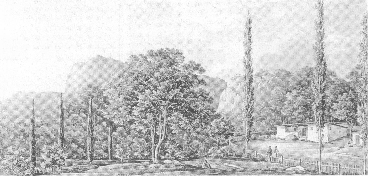 Крымский пейзаж. Ореанда. Дом, в котором останавливался Александр I в 1825 г. Н.Г. Чернецов. Акварель. 1834 г Крымский пейзаж. Ореанда. Дом, в котором останавливался Александр I в 1825 г. Н.Г. Чернецов. Акварель. 1834 г