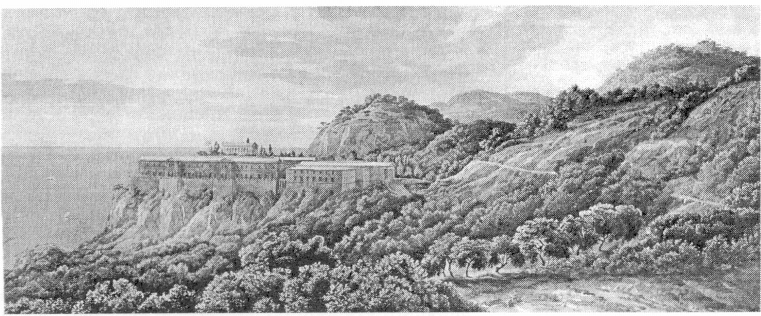 Общий вид дворца в Ореанде. Неосуществленный проект. Архитектор Карл Фридрих Шинкель. 1839 г Общий вид дворца в Ореанде. Неосуществленный проект. Архитектор Карл Фридрих Шинкель. 1839 г